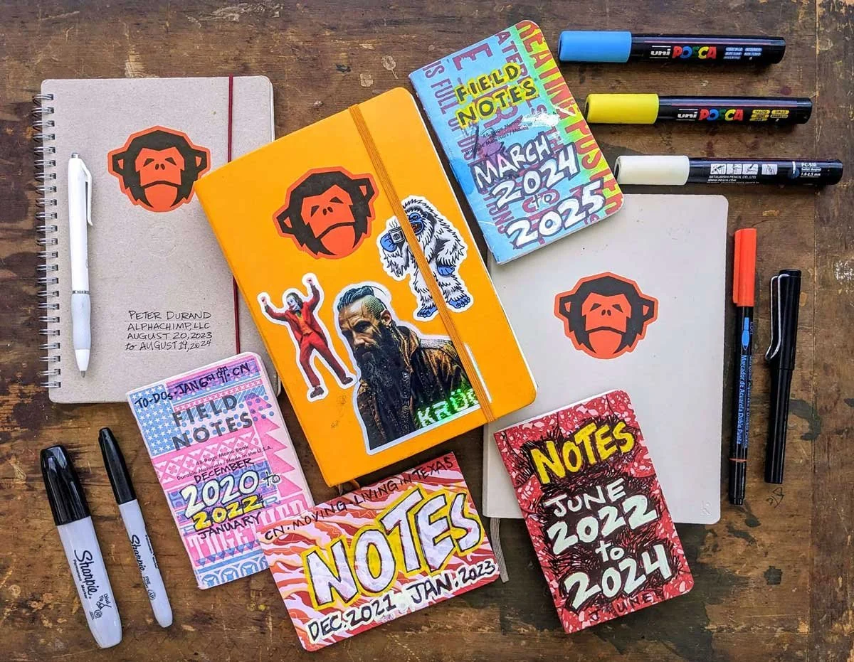 Photo of various notebooks, sketchbooks, and fieldnotes, pens, etc.