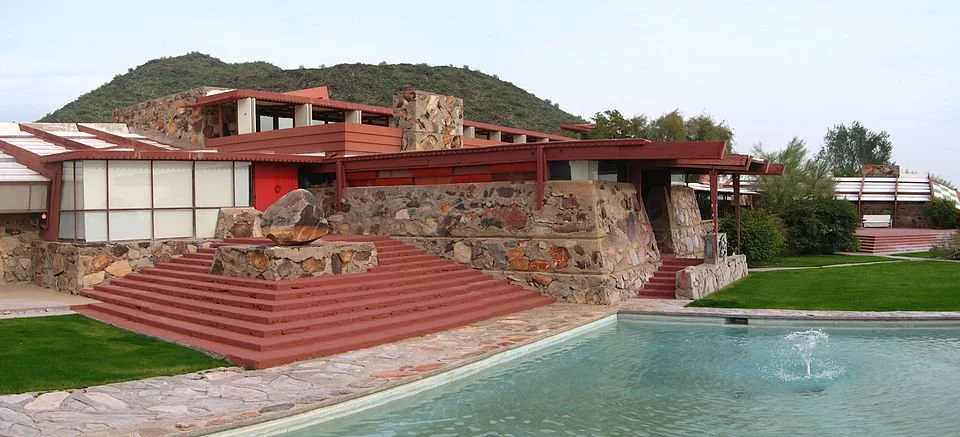 A photo of the beautiful sienna and stone building called Taliesin West in Scottsdale, AZ, USA. Photograph by Greg O'Beirne