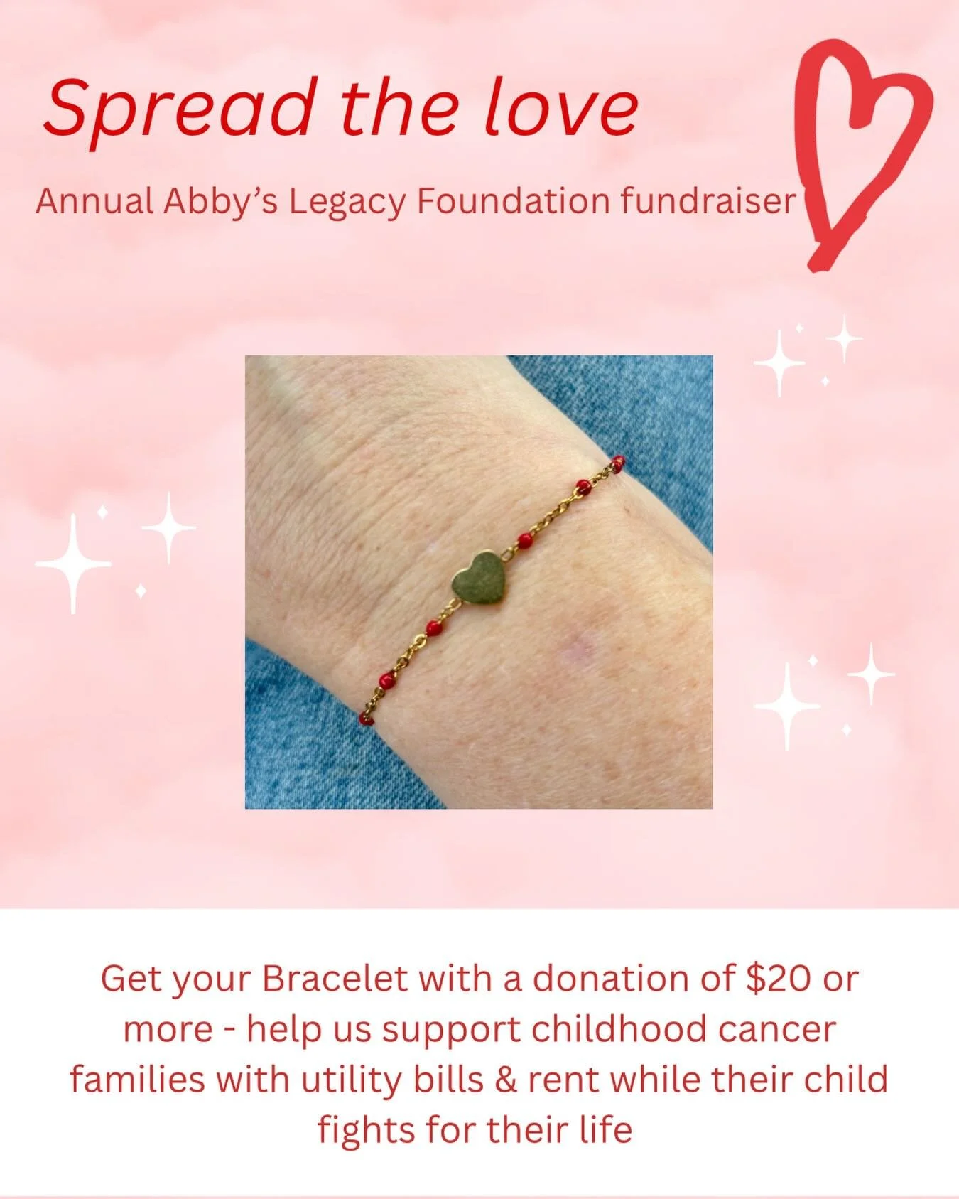 ❤️ SPREAD THE LOVE ❤️
Your gift to Abby&rsquo;s Legacy Foundation helps:
💛 Childhood cancer families with rent, utilities &amp; travel for treatment 💛 Pediatric care partners 💛 Holiday programs, student opportunities &amp; outreach that bring hope