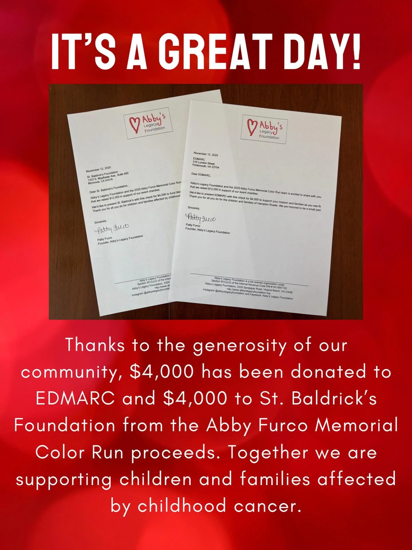 We are excited to announce that with the proceeds of the @abby.color.run we donated &amp;4,000 to @edmarcforkids and $4,000 to @stbaldricks  Abby&rsquo;s Legacy Foundation helps support childhood cancer patients and families in many ways, the gift of