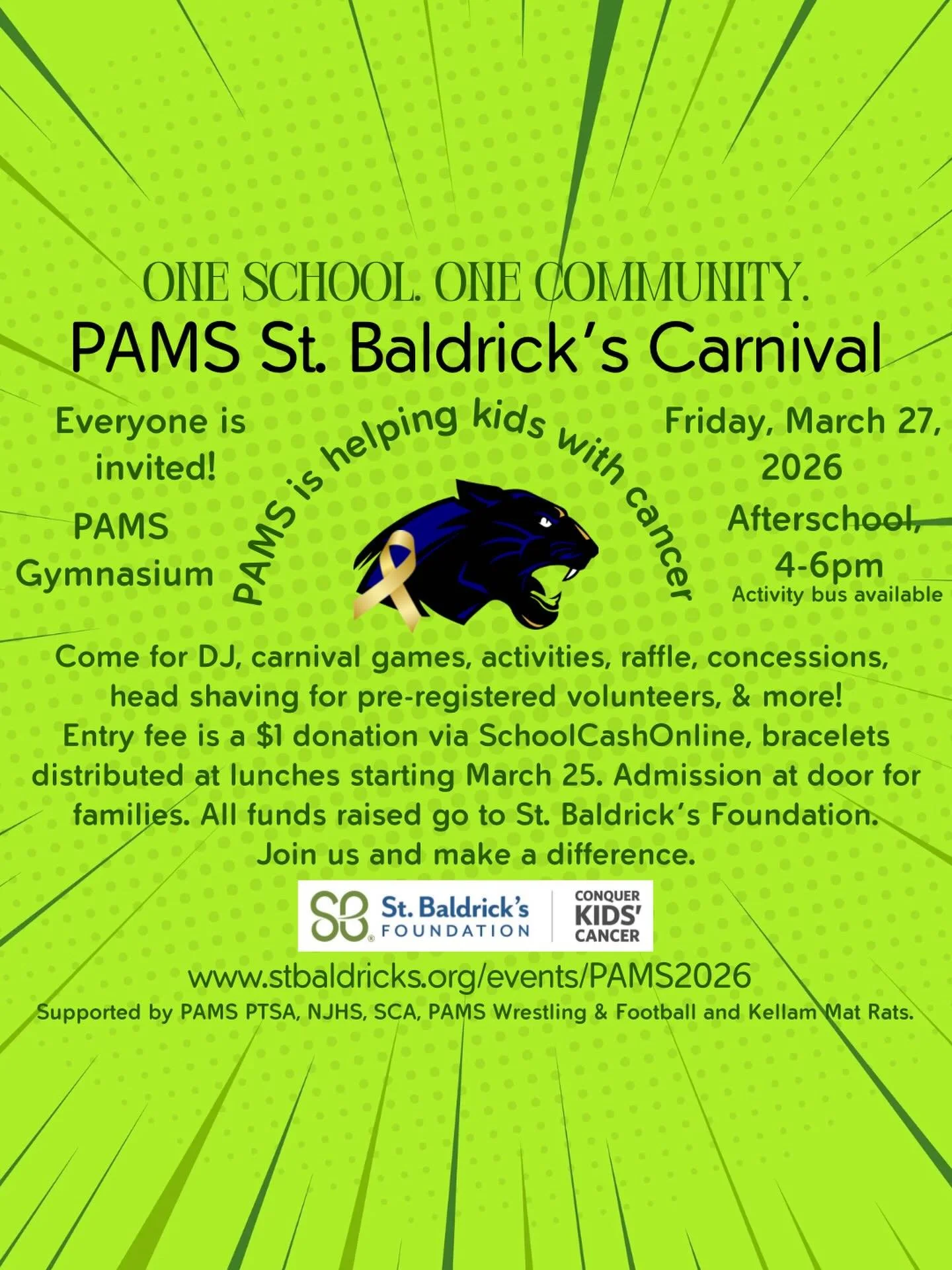 All are welcome to join us for this student fueled event - 7th Annual PAMS @stbaldricks Carnival. Thank you to Team Kellam Mat Rats for raising over $29k for lifesaving childhood cancer research! We will have carnival games &amp; activities, DJ, GRIT