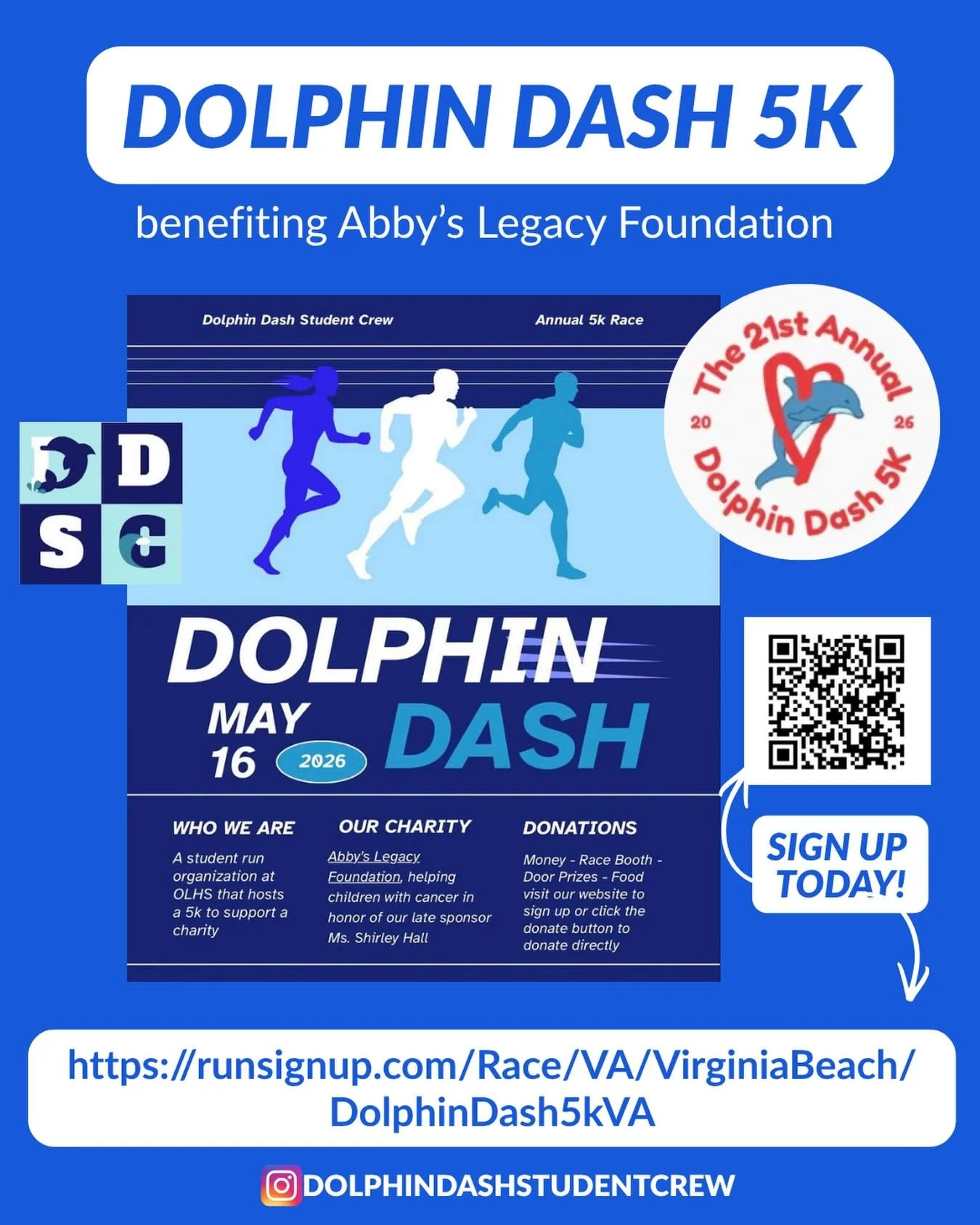 We are honored that OLHS 2026 Dolphin Dash is benefitting Abby&rsquo;s Legacy Foundation! Please sign up to participate in the 5k or make a donation. Snap a pict &amp; scan QR or link in bio. Thank you @dolphindashstudentcrew 💙💛🐬@vbschools