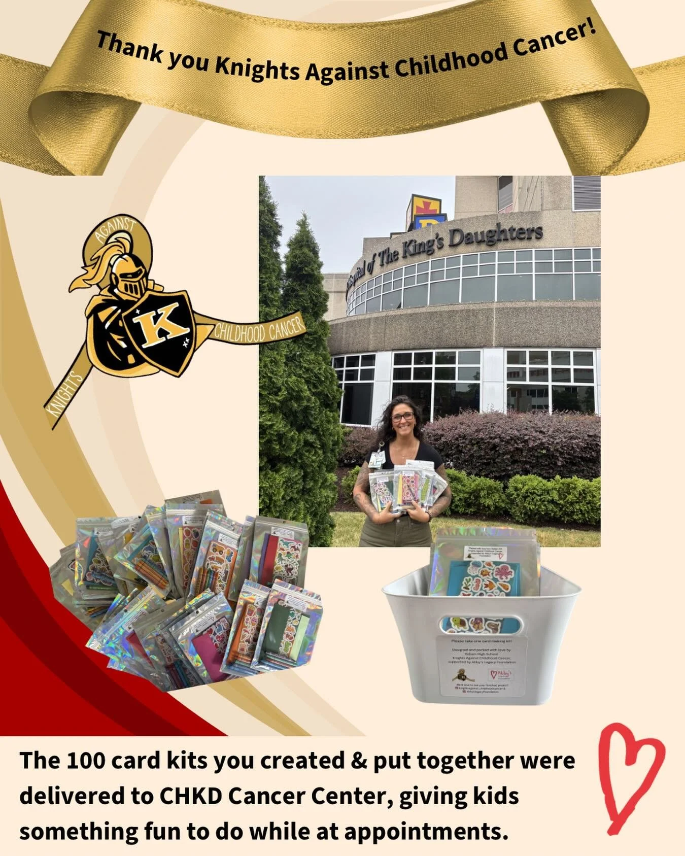 Thank you @kellamhigh students with @knightsagainst_childhoodcancer for choosing supplies and putting together 100 card kids for @chkd_kids Cancer &amp; Blood Disorders Center!