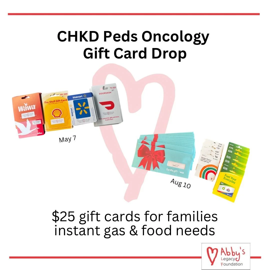 We are meeting families where they are and provide assistance where it is needed most. So when CHKD Social Work asks for basic needs $25 gift cards, we deliver! 
Always with the message on each card, &ldquo;With love and support from Abby&rsquo;s Leg