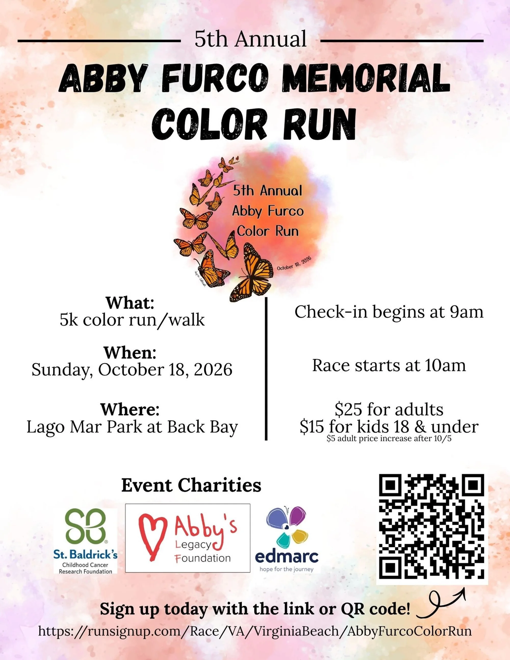 Join us for the 5th Annual Abby Furco Memorial Color Run!

🗓️ Sunday, October 18 
⏰ 10:00 AM race start
📍 Lago Mar Park at Back Bay

Come run, walk, and get covered in color while supporting an incredible cause!

This annual community event honors 