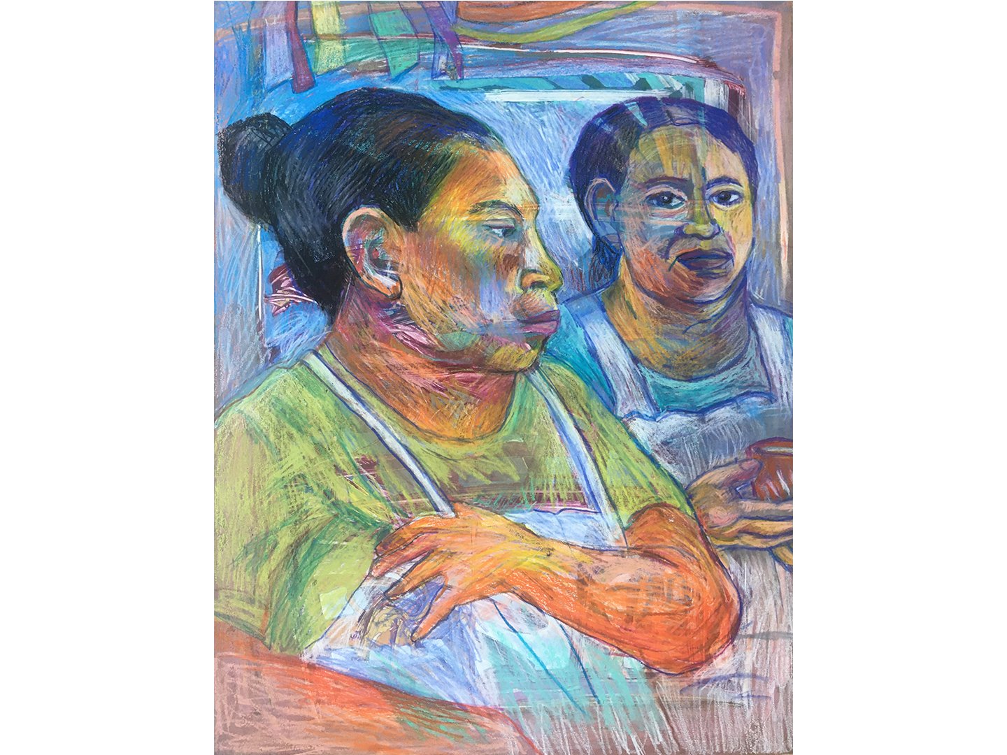 Maria and Rosa, monoprint and colored pencil