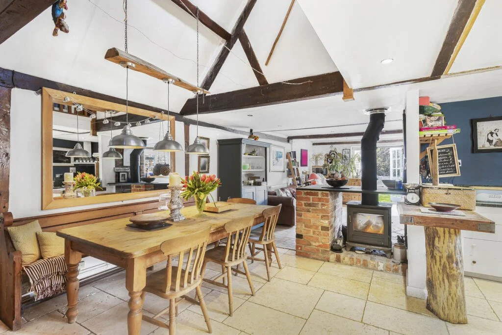 Wood burning stove centre piece of dining area