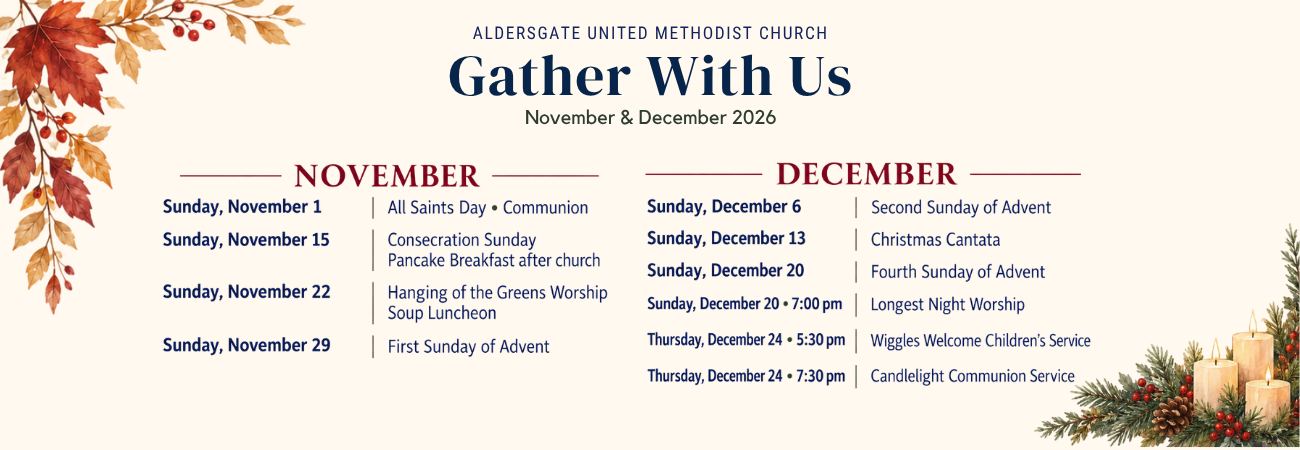 A health event schedule for Aldersgate United Methodist Church for November and December 2026, featuring dates and activities, with fall leaves on the top left corner and candles with pinecones and red berries on the bottom right corner.