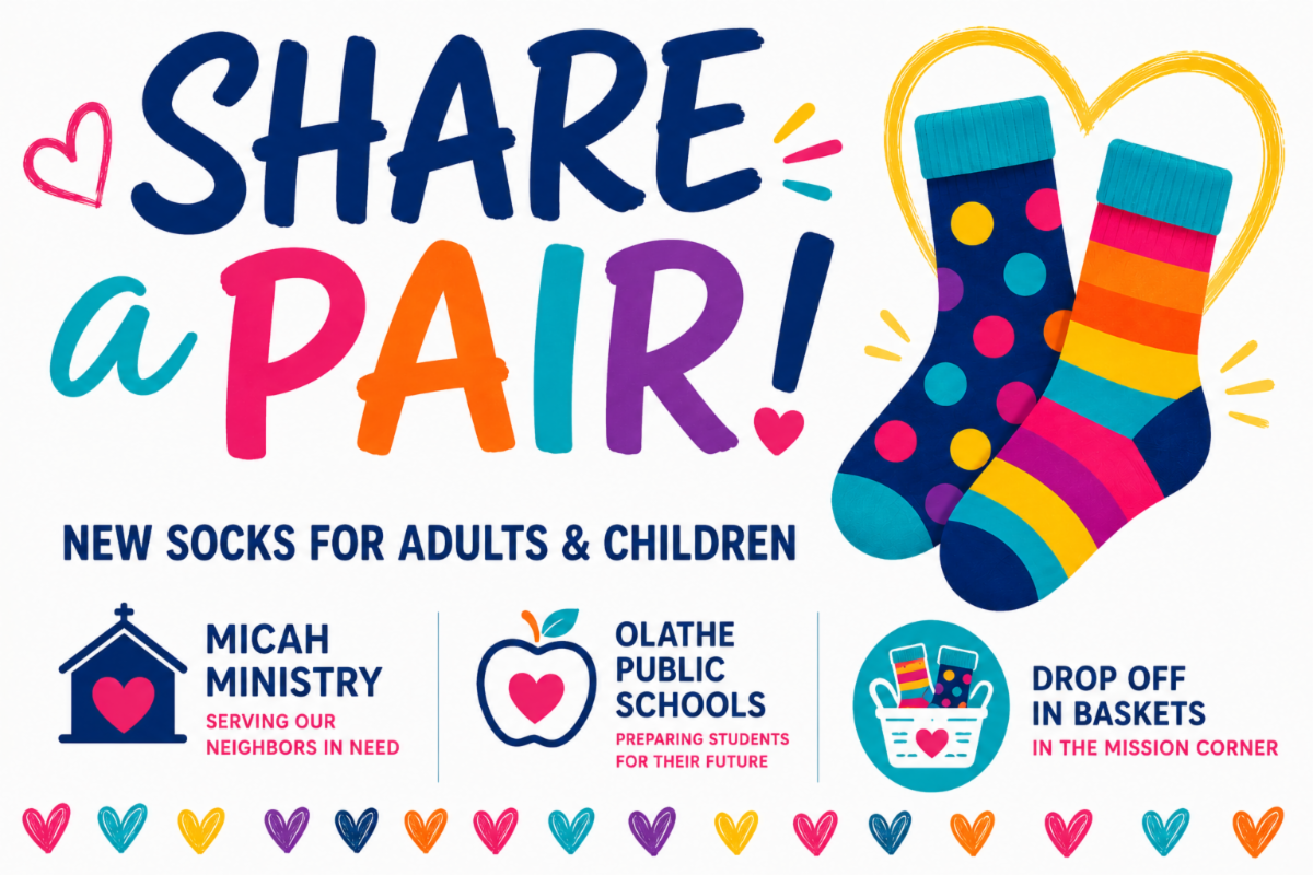 Colorful infographic encouraging sock donations with the message 'Share a Pair!' illustrated with two brightly patterned socks and icons representing churches, schools, and drop-off baskets.