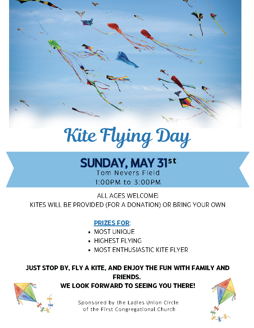 Nantucket Kite Flying Day blue and white flyer with info about local church community event.