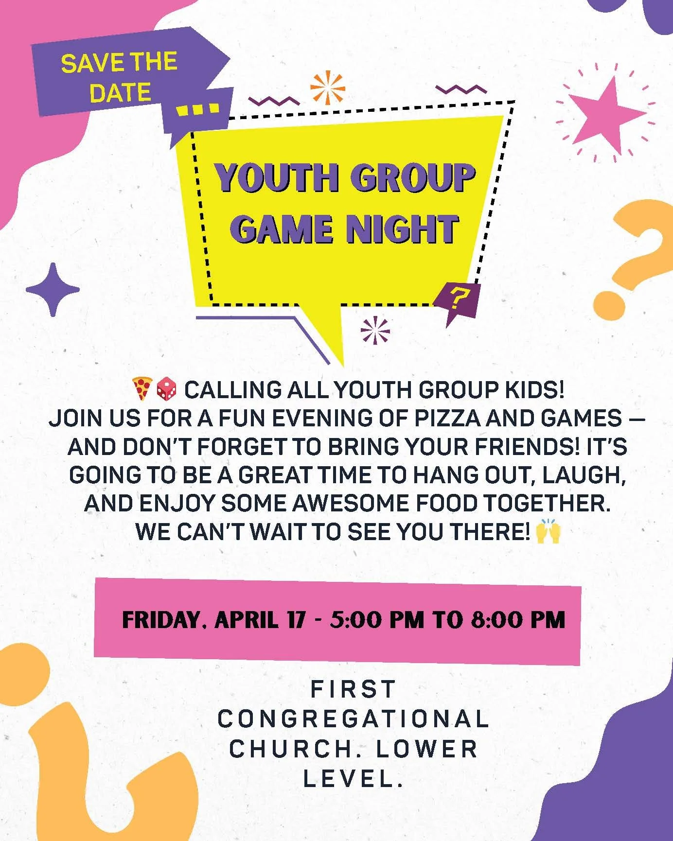 Youth Group Game Night Flyer, Bright Colors, First Congregational Church