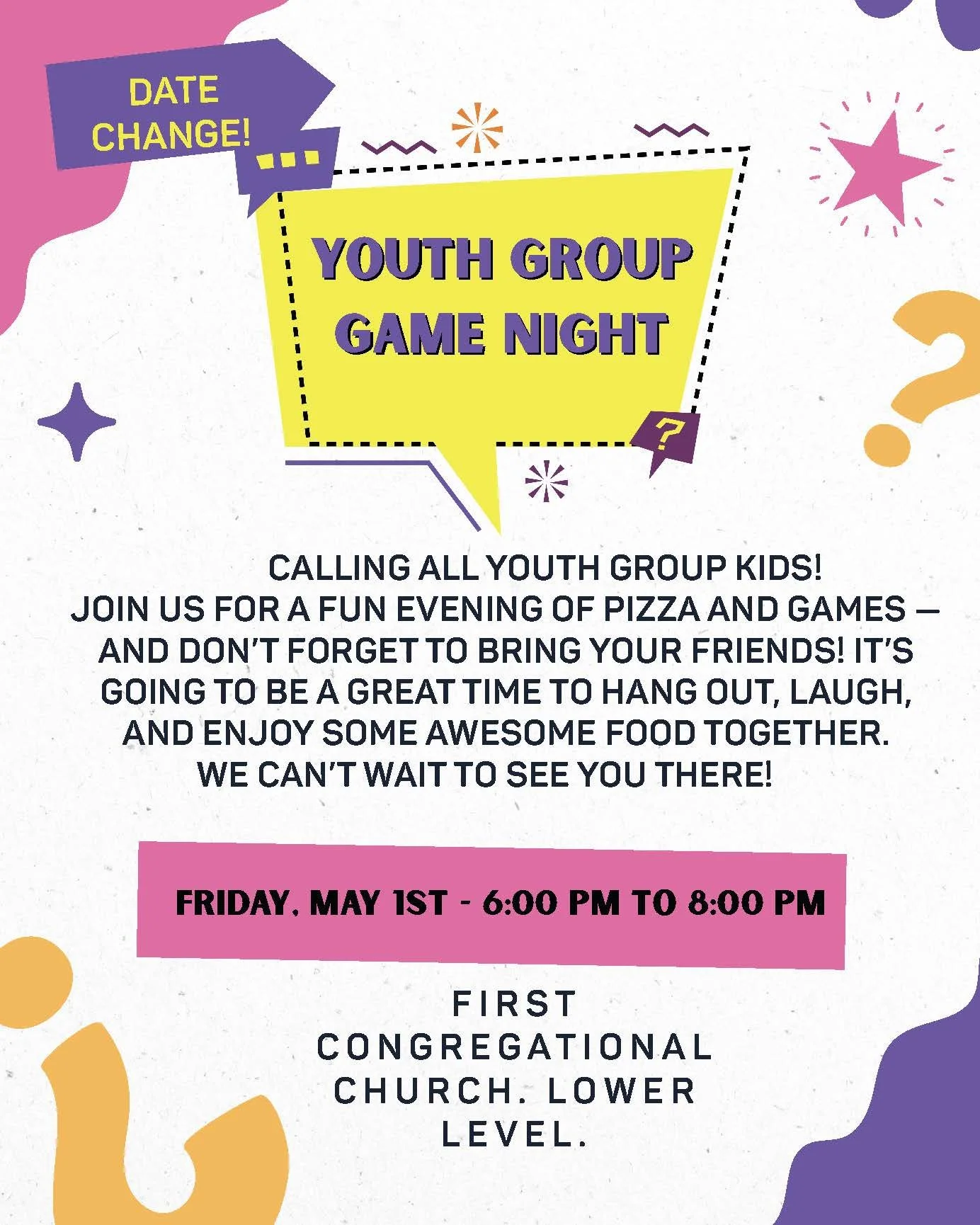 Youth Group Game Night Flyer First Congregational Church