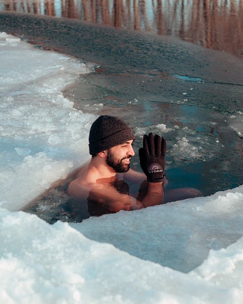 Hassan in a frozen lake ice bath session
