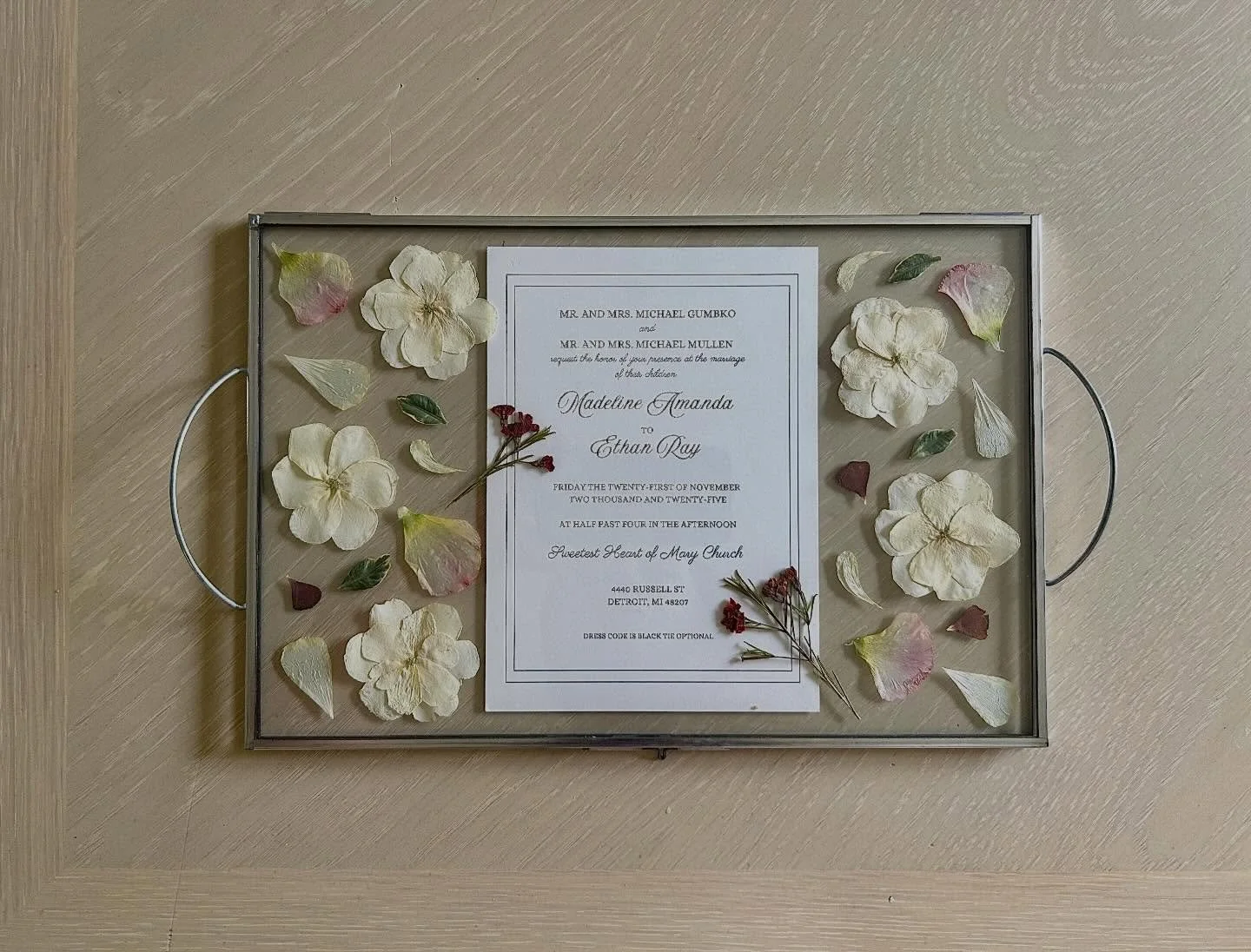 Love what this bride and I came up with to display her wedding invite! There are so many ways to incorporate your favorite mementos&mdash; don&rsquo;t forget to check out our add-on options for some creative ideas!