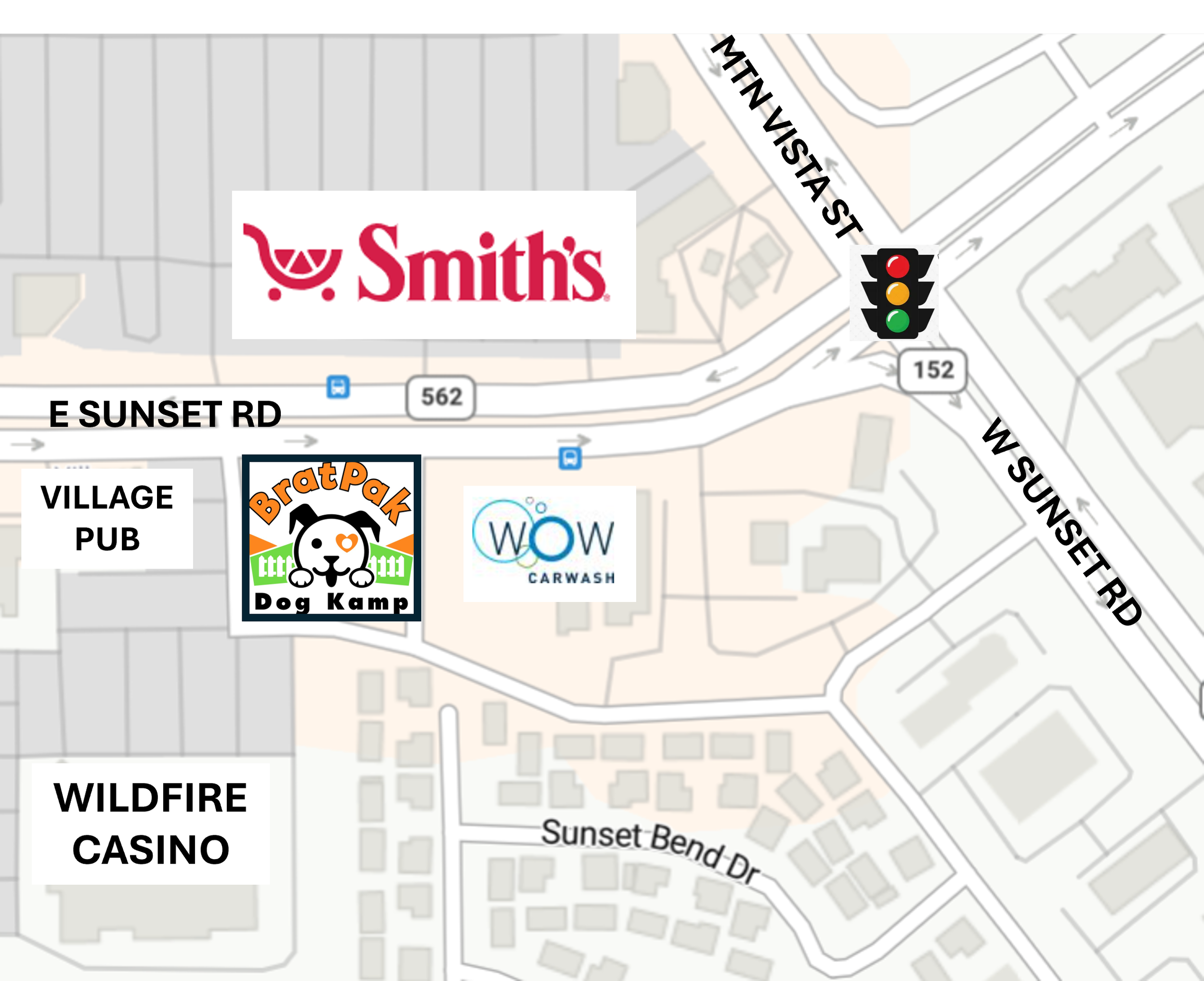 Map showing streets and landmarks including Smith's supermarket, Brat Pak Dog Kamp, WOW Car Wash, Village Pub, Wildfire Casino, and traffic lights at the intersection of E Sunset Rd, W Sunset Rd, and N Imin Vista St.