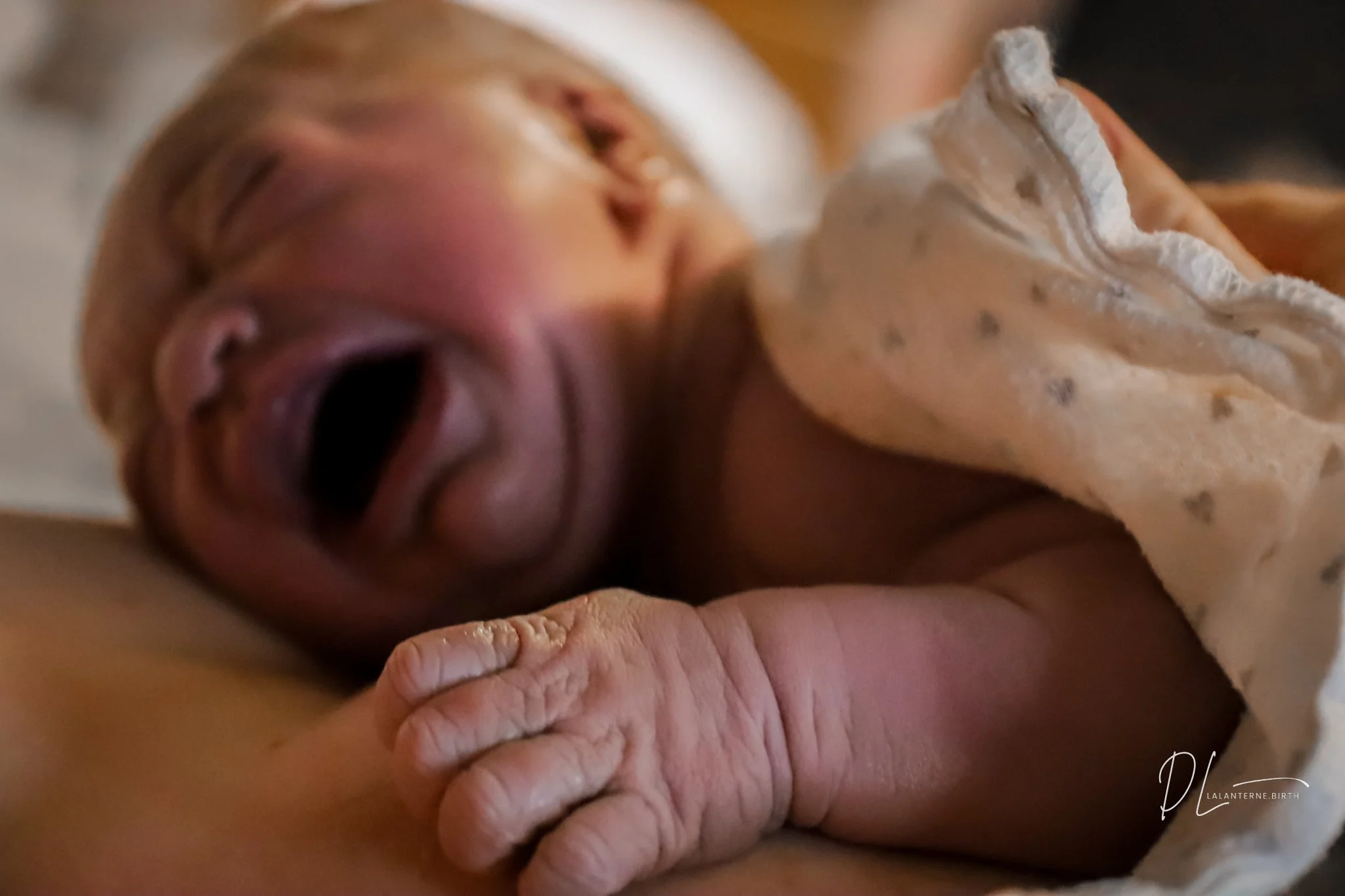 Close-up of a crying newborn baby lying on a bed, with a hand resting on their arm, partially covered by a beige cloth with small black spots.