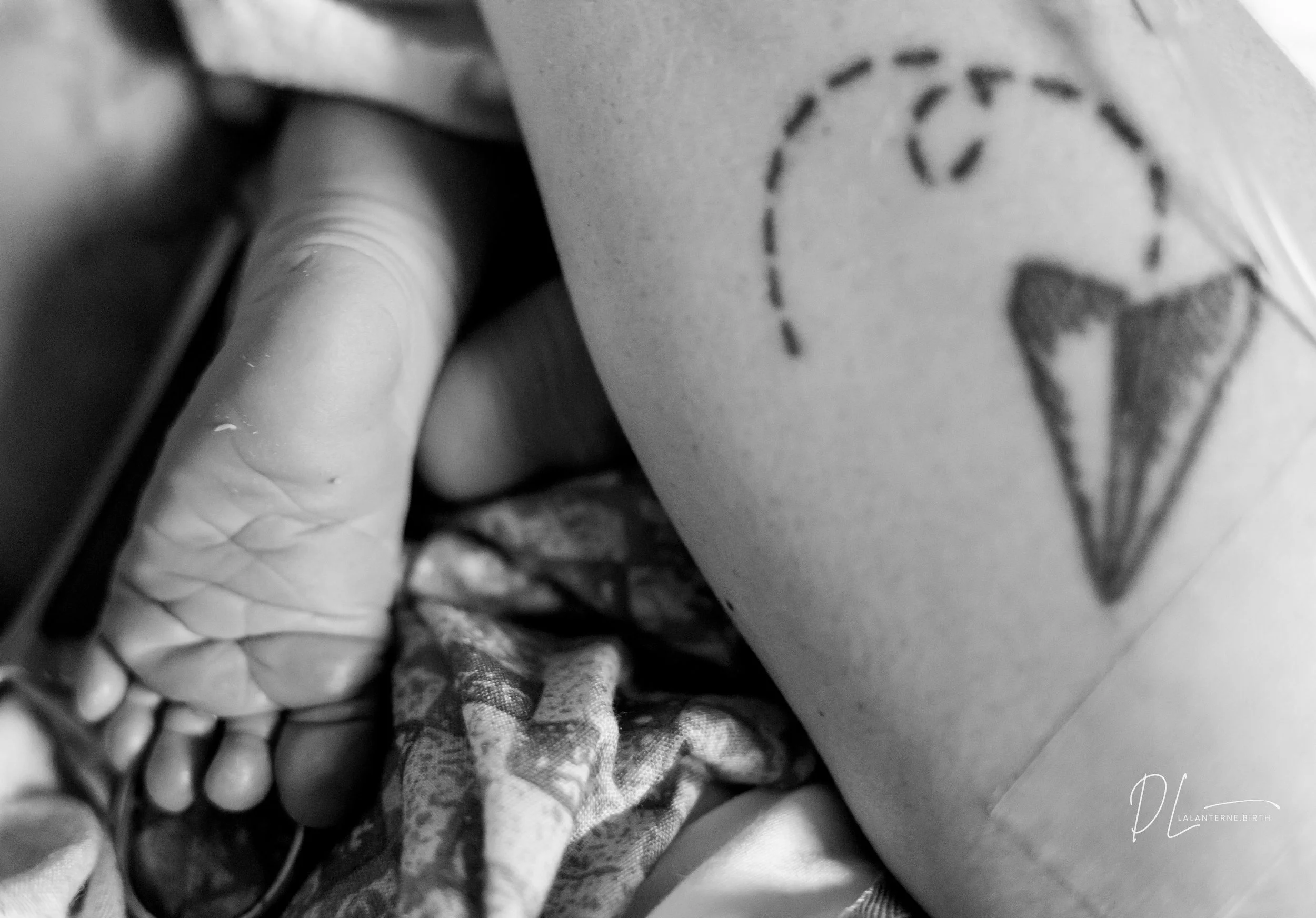 Close-up of a tattoo of a paper airplane with a dashed line arc on a person's upper arm, with part of their hand and forearm visible, resting on patterned fabric.