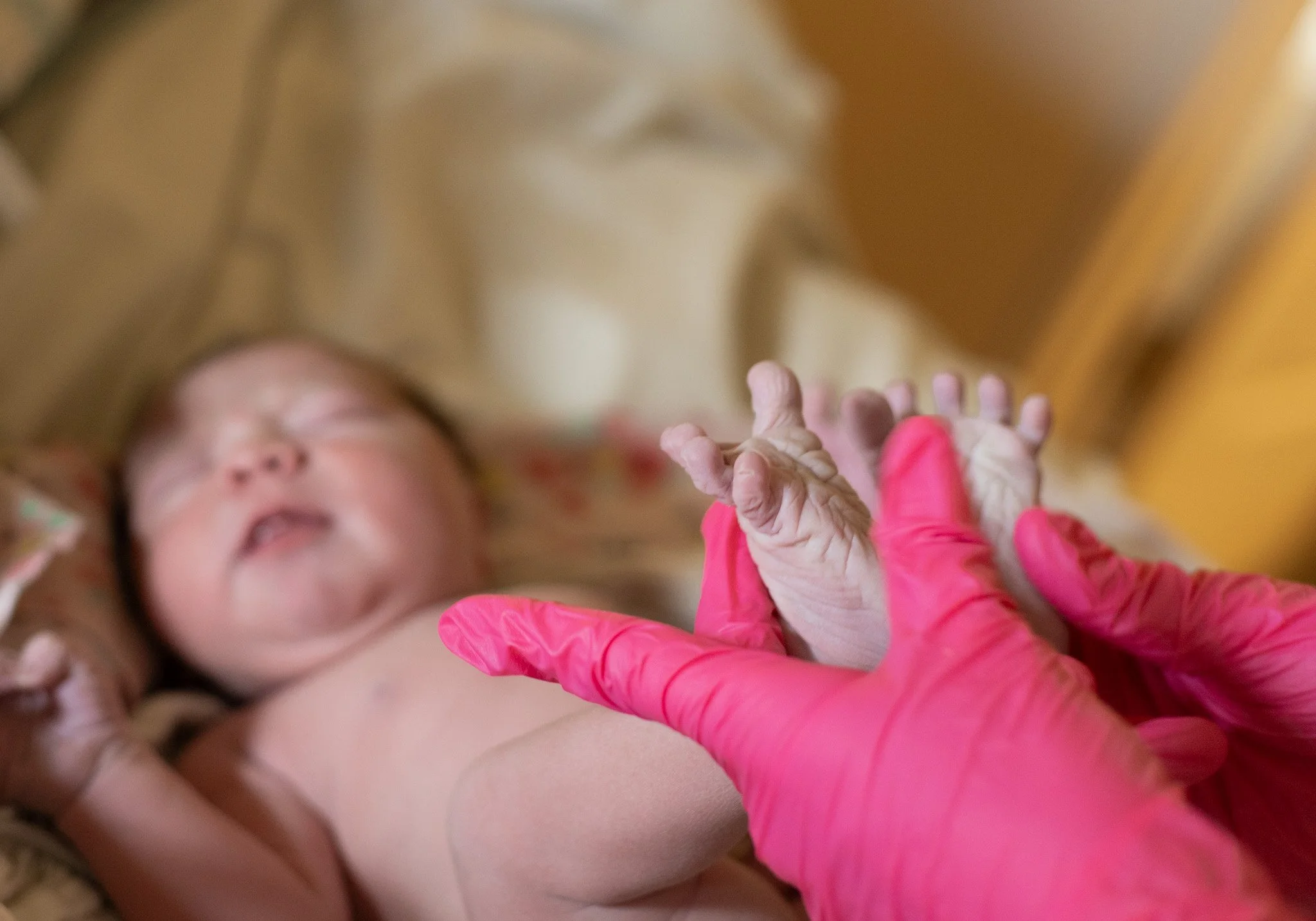 A newborn baby lying down, with a person in pink gloves holding the baby's hand, in a medical setting.