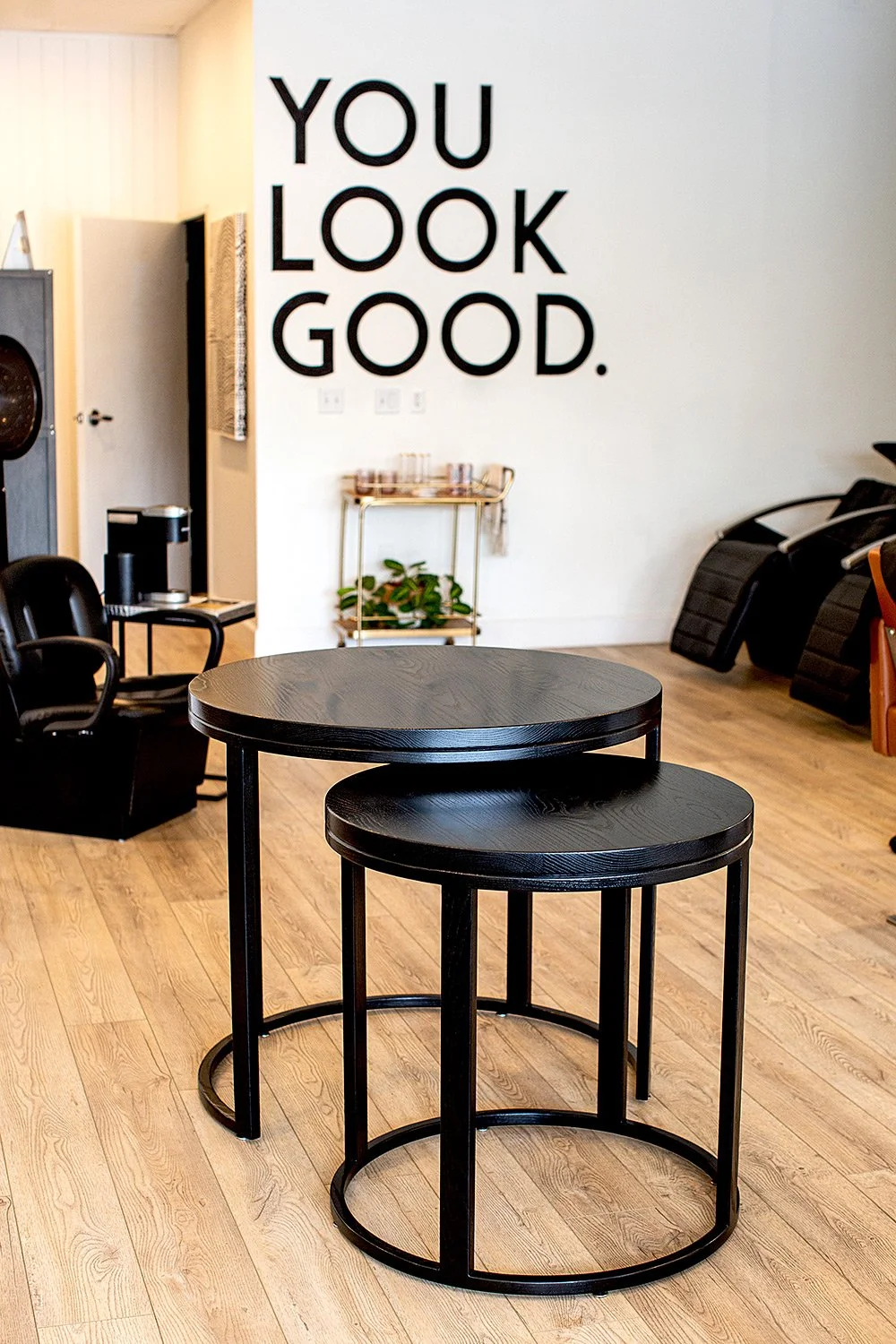 Modern round nesting table in oak, stained black - Vista California San Diego Escondido