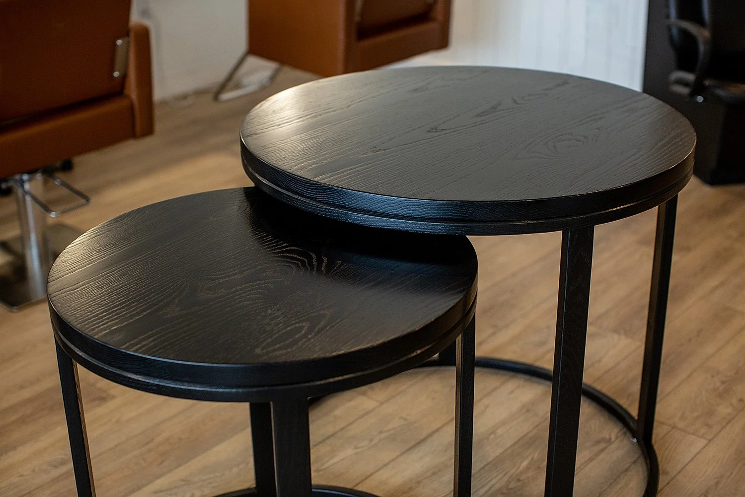 Round nesting tables - oak, stained black, handmade in Escondido, California