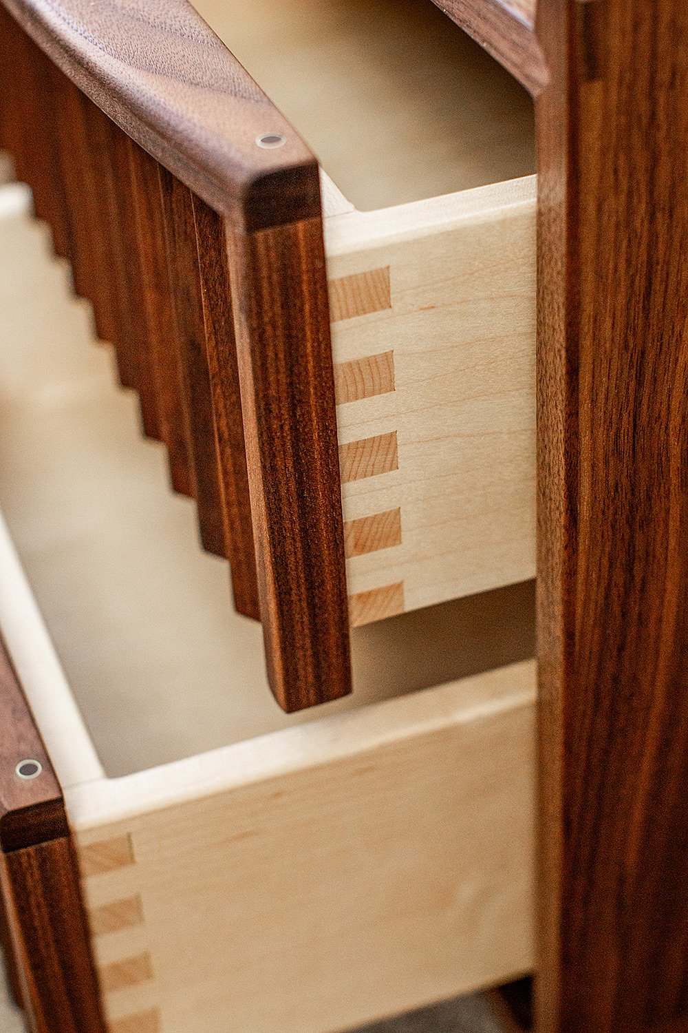 Modern Bedside Tables with Soft Close Drawers Walnut and Maple Joinery Detail