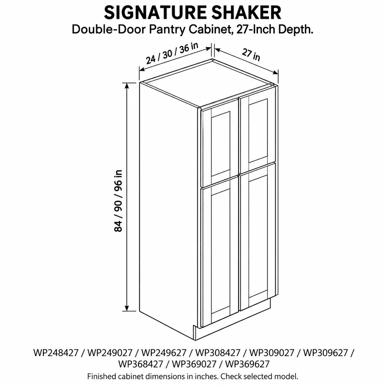 Signature Shaker Double-Door Pantry Cabinet, 27-Inch Depth dimensions and configuration