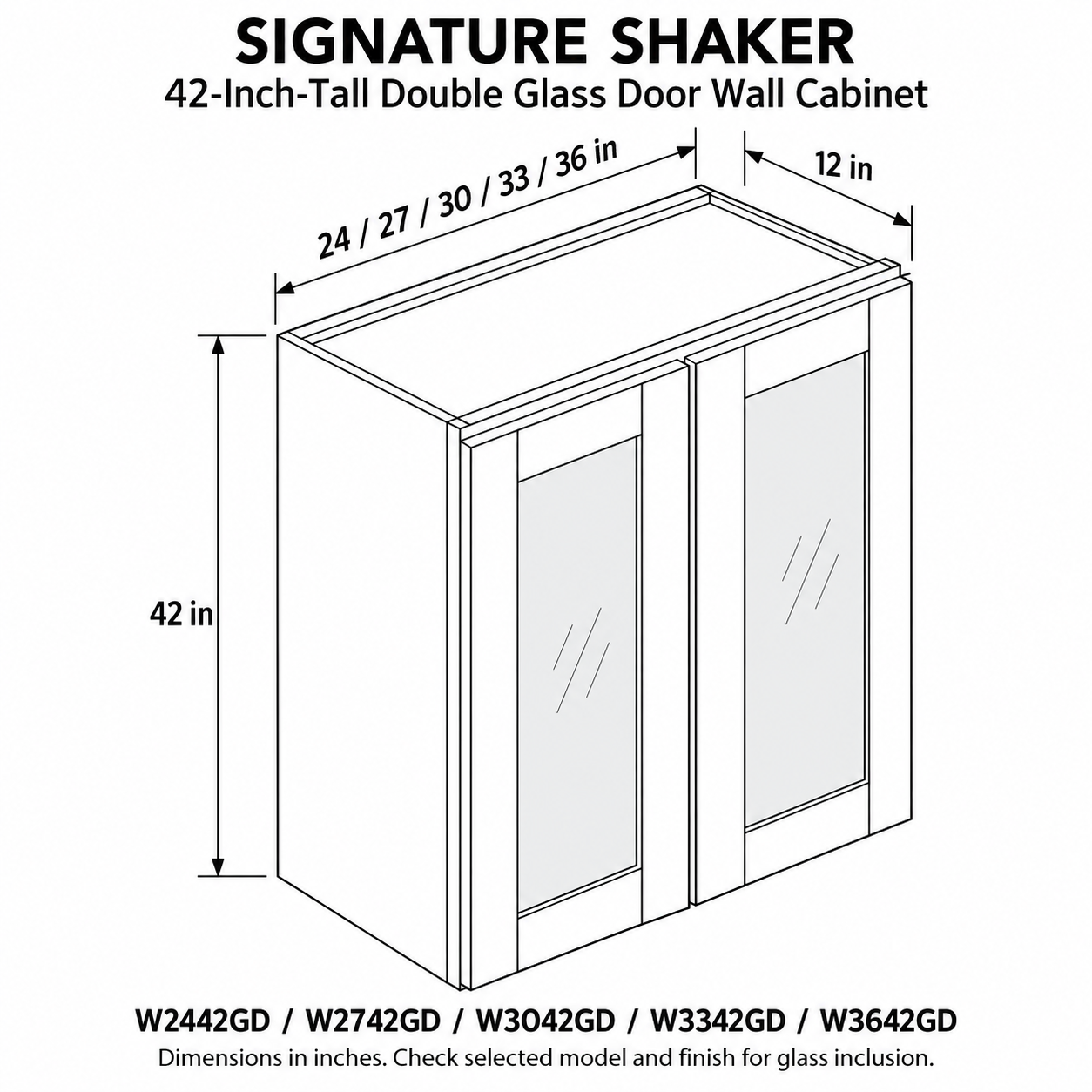 Signature Shaker 42-Inch-Tall Double Glass Door Wall Cabinet dimensions and configuration