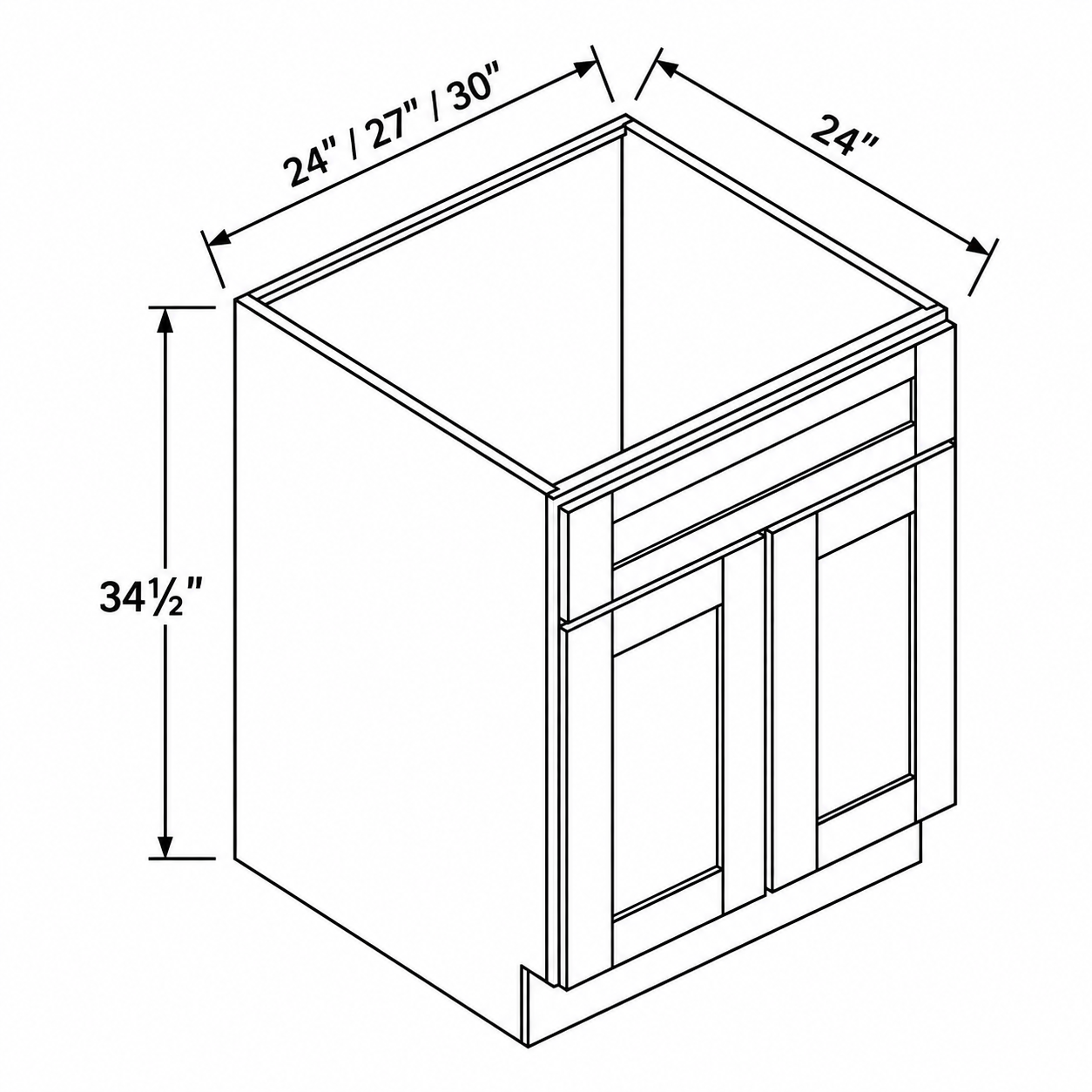 Signature Shaker Two-Door Single False-Front Sink Base Cabinet dimensions and configuration