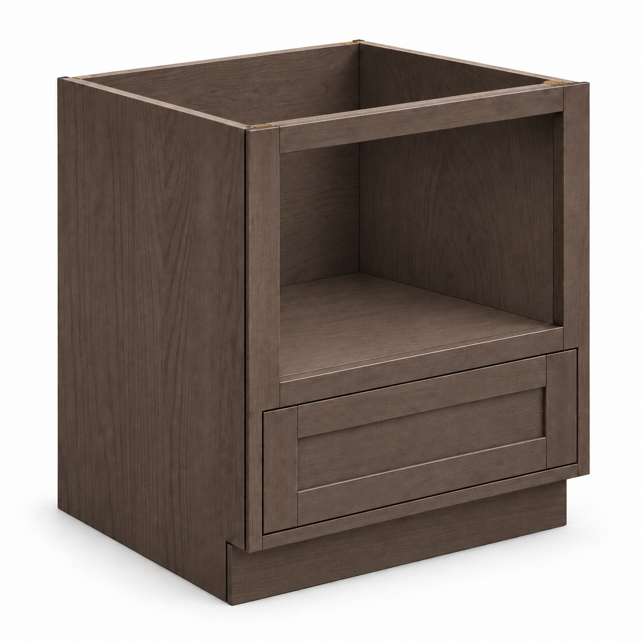 MDI Inset microwave base with an open appliance bay and lower recessed-panel drawer in Truffle Brown; exposed appliance bay matches the exterior