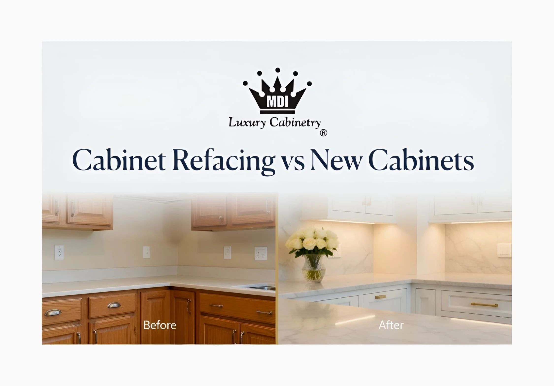 MDI Luxury Cabinetry - Cabinet Refacing vs New Cabinets comparison guide. Before and after view showing outdated oak cabinets on the left and elegant white custom luxury kitchen cabinets on the right