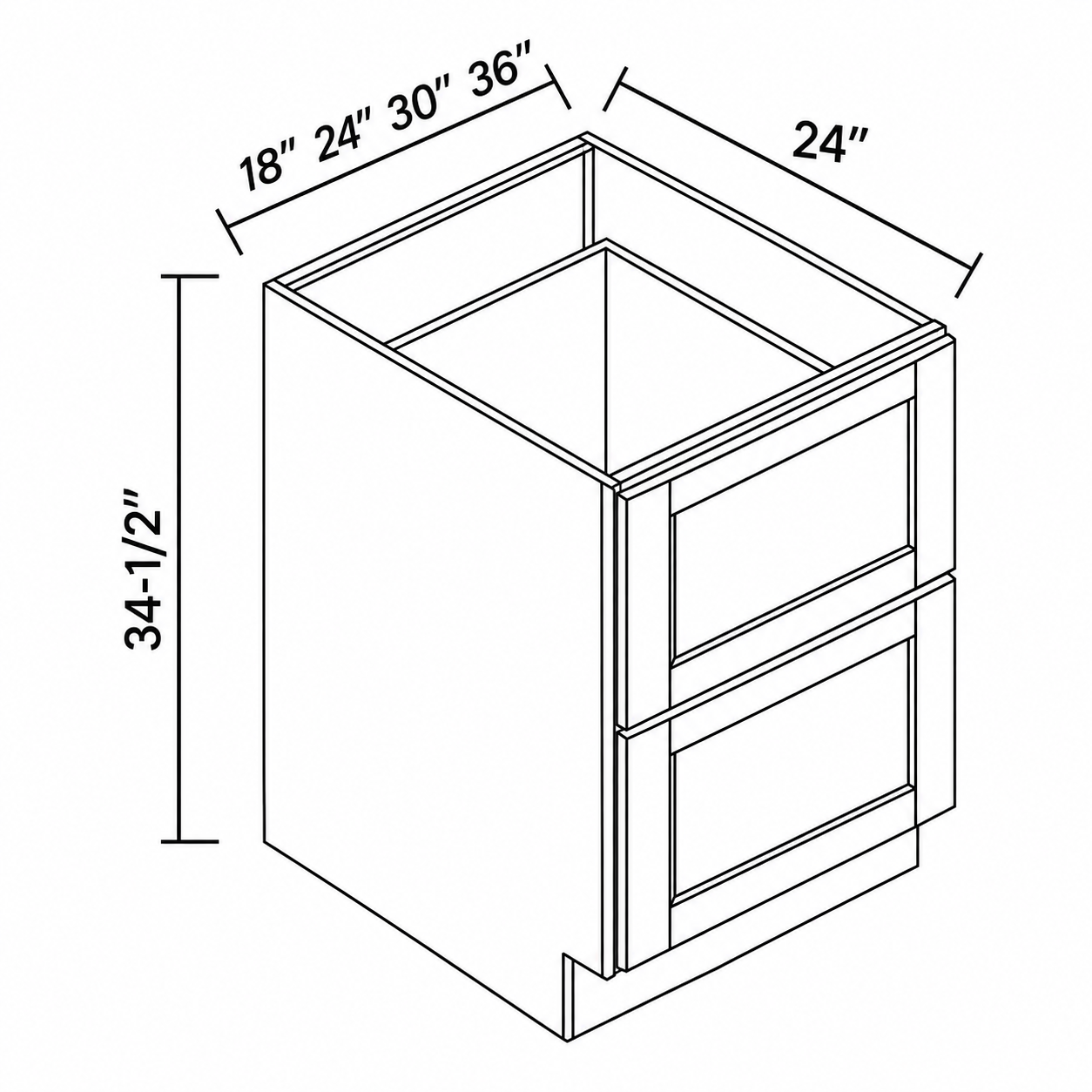 Signature Shaker two-drawer base dimensions: 18, 24, 30 or 36 inches wide, 34.5 inches high and 24 inches deep