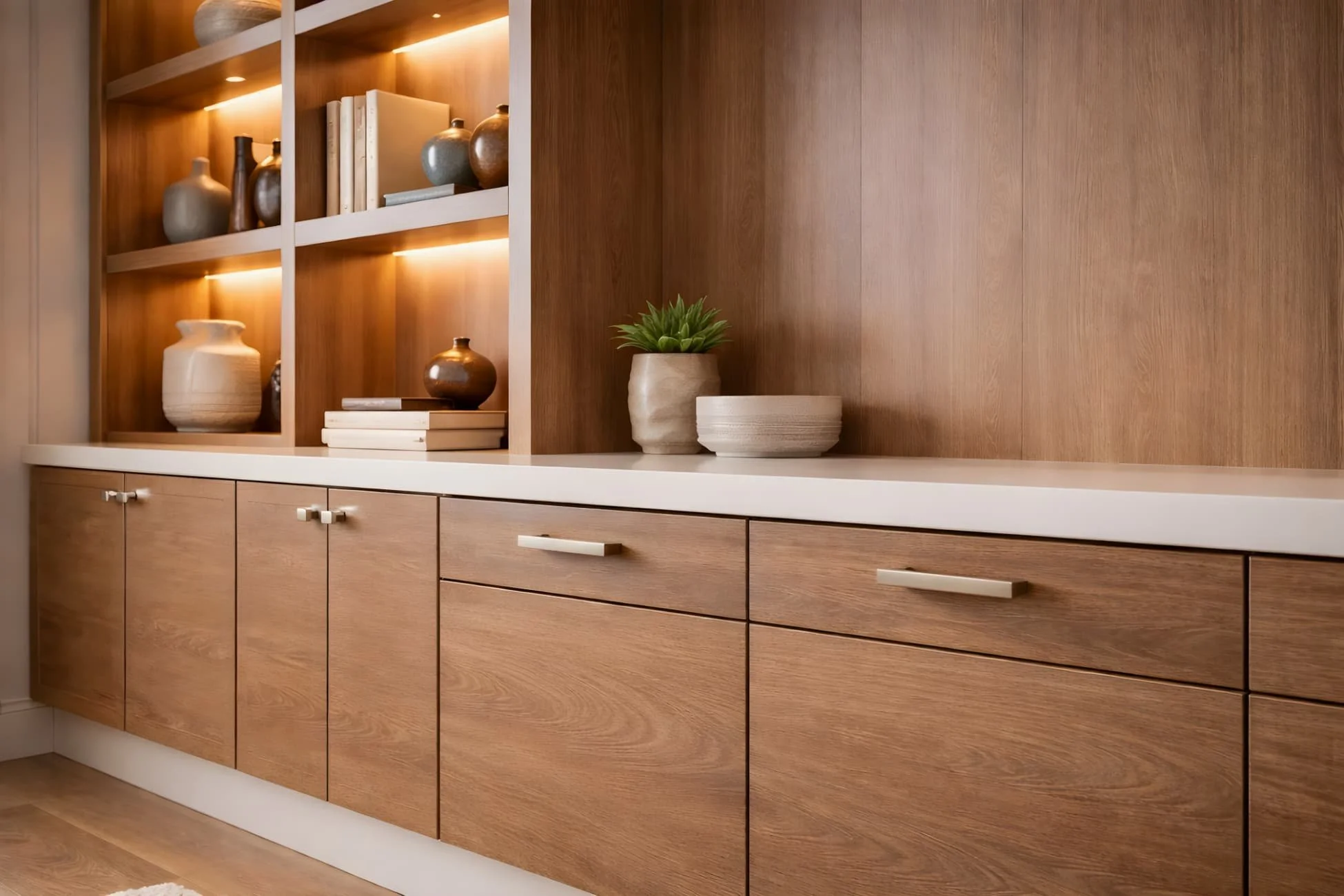 Close-up of custom wall unit cabinetry with LED shelf lighting and premium hardware