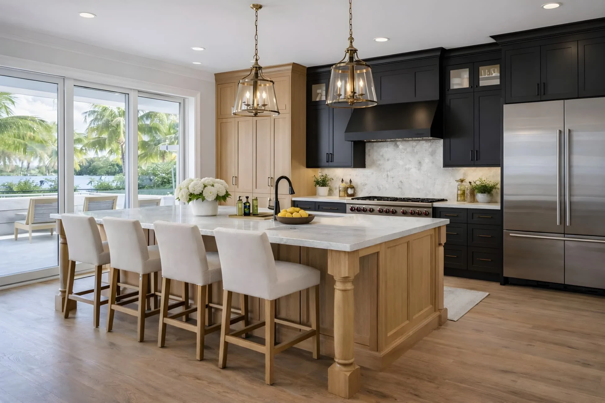 luxury white oak and black kitchen cabinets in snell isle st petersburg florida with large island and modern coastal design by mdi luxury cabinetry
