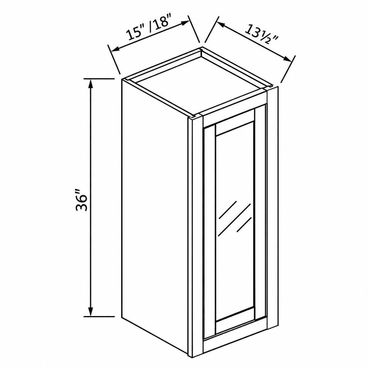 MDI Inset single glass-door wall dimensions: 15, 18 inches wide, 36 inches high and 13.5 inches deep