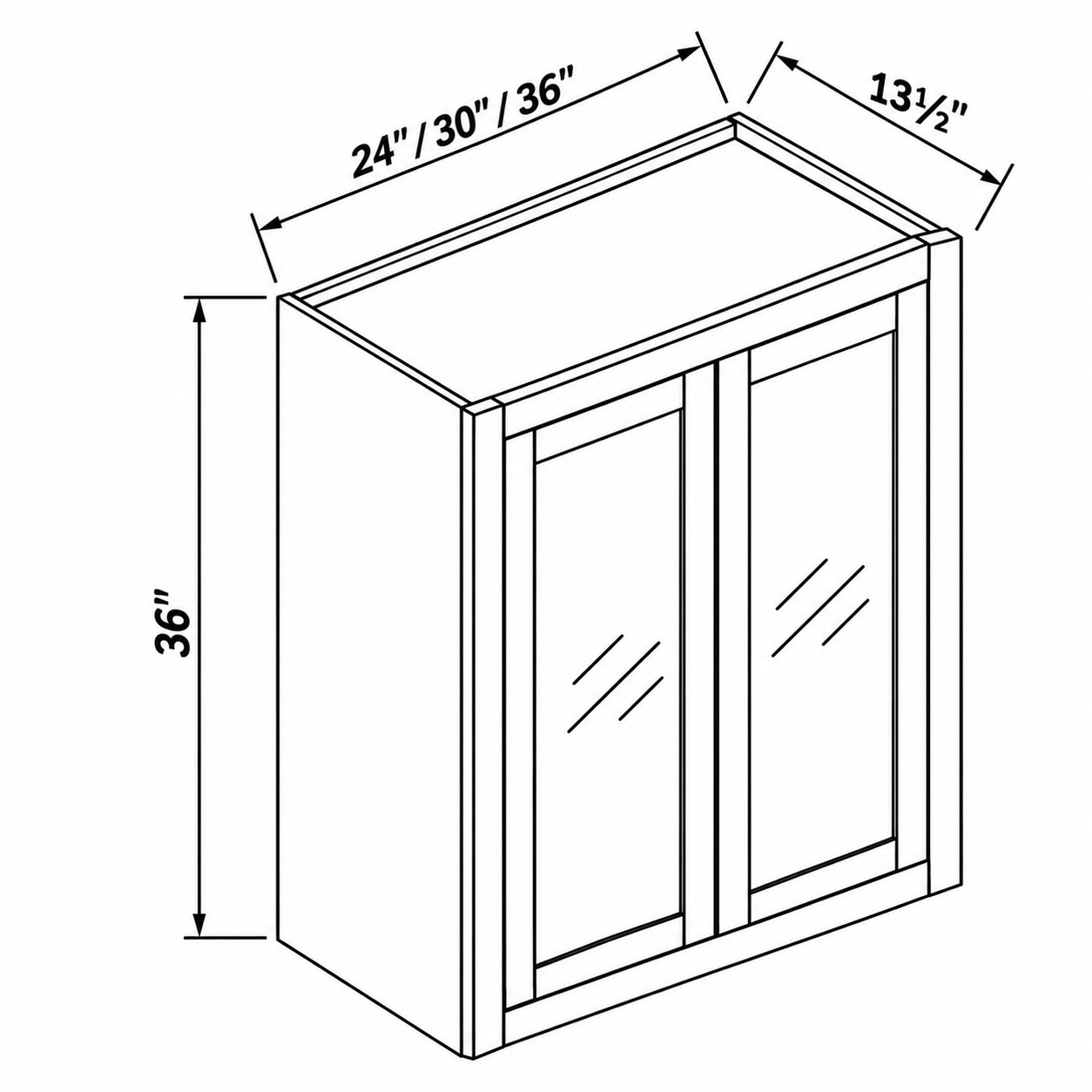 MDI Inset double glass-door wall dimensions: 24, 30, 36 inches wide, 36 inches high and 13.5 inches deep