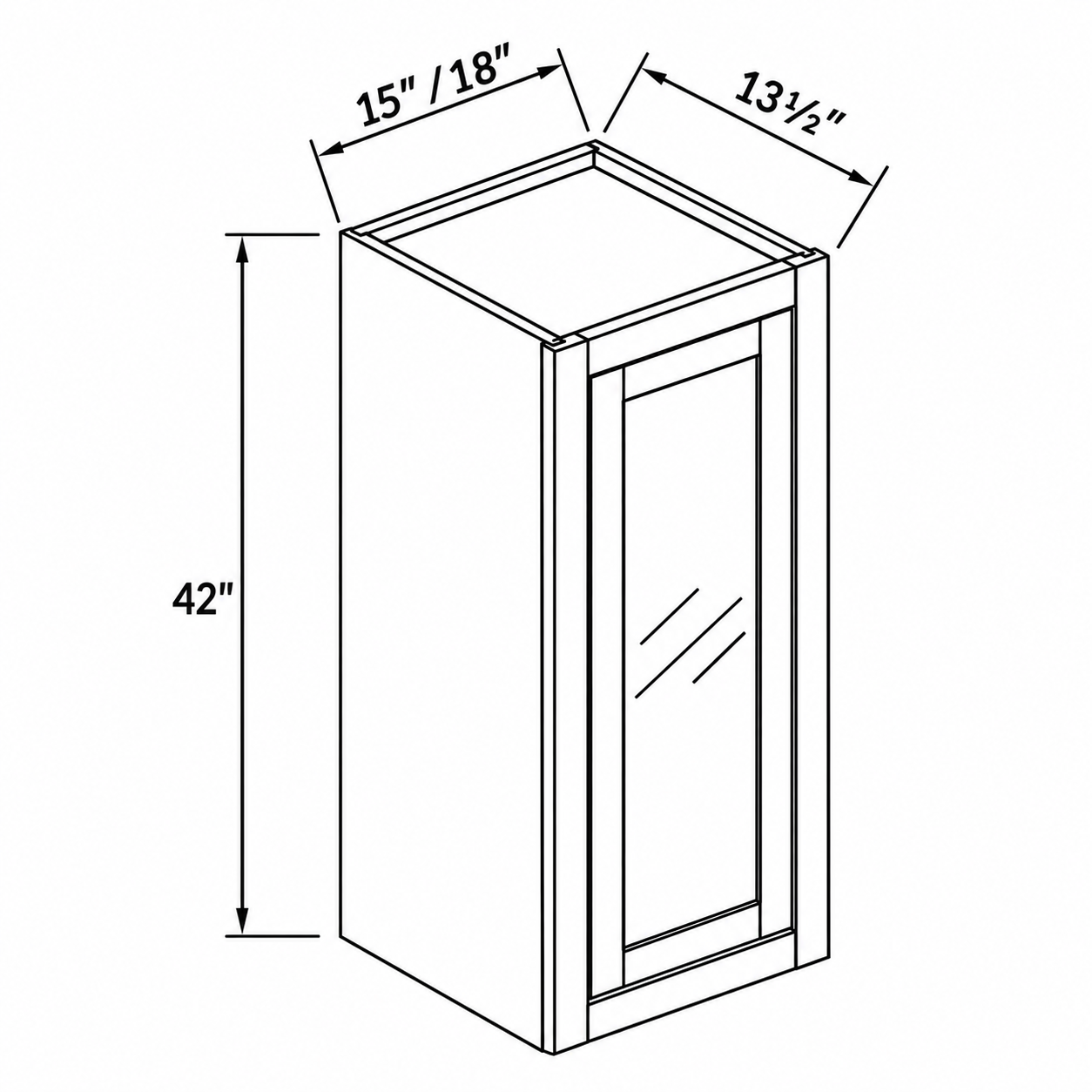 MDI Inset single glass-door wall dimensions: 15, 18 inches wide, 42 inches high and 13.5 inches deep