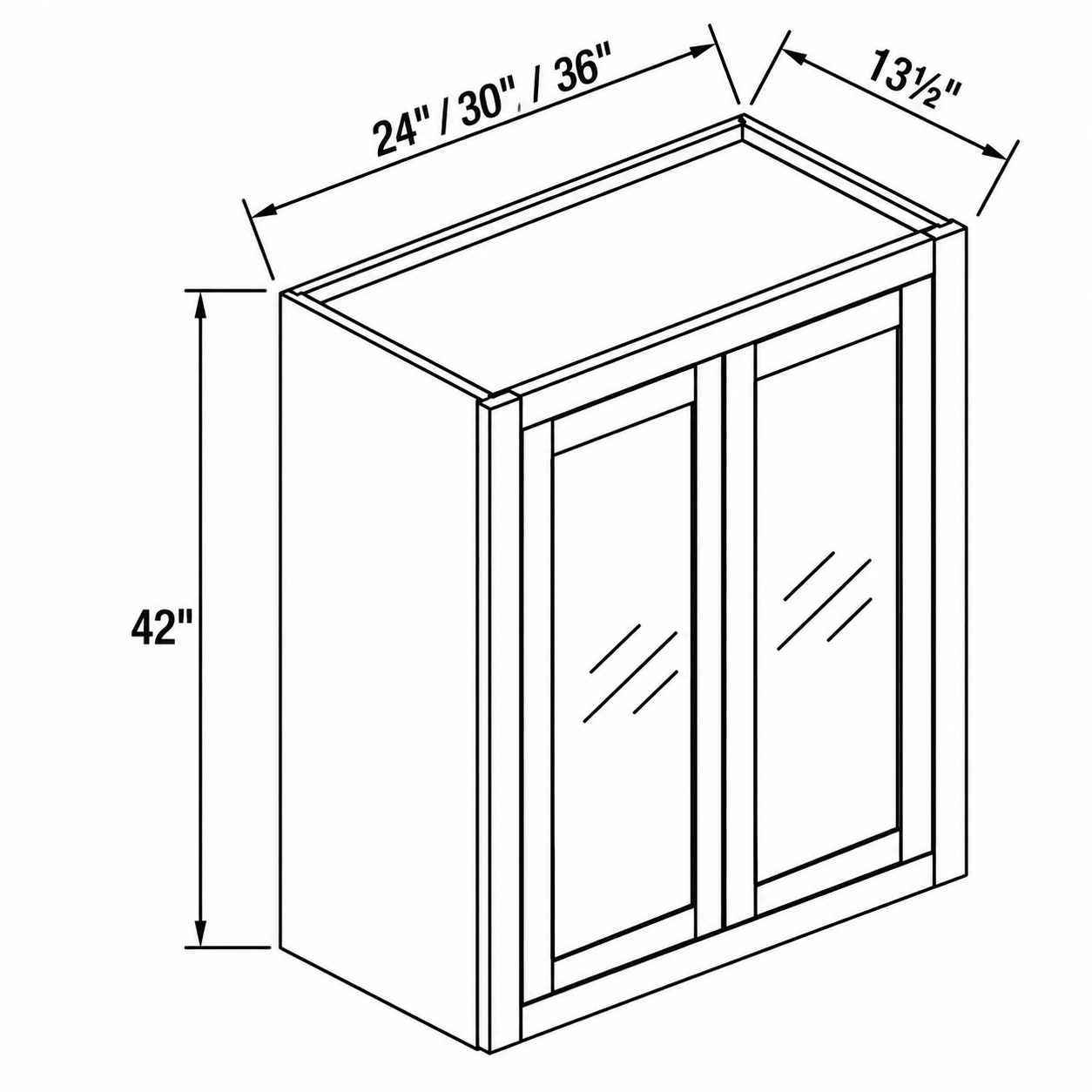 MDI Inset double glass-door wall dimensions: 24, 30, 36 inches wide, 42 inches high and 13.5 inches deep