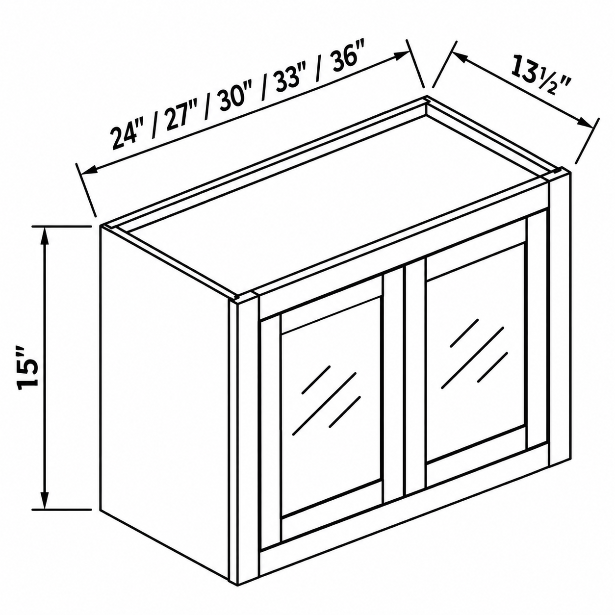 MDI Inset double glass-door wall dimensions: 24, 27, 30, 33, 36 inches wide, 15 inches high and 13.5 inches deep