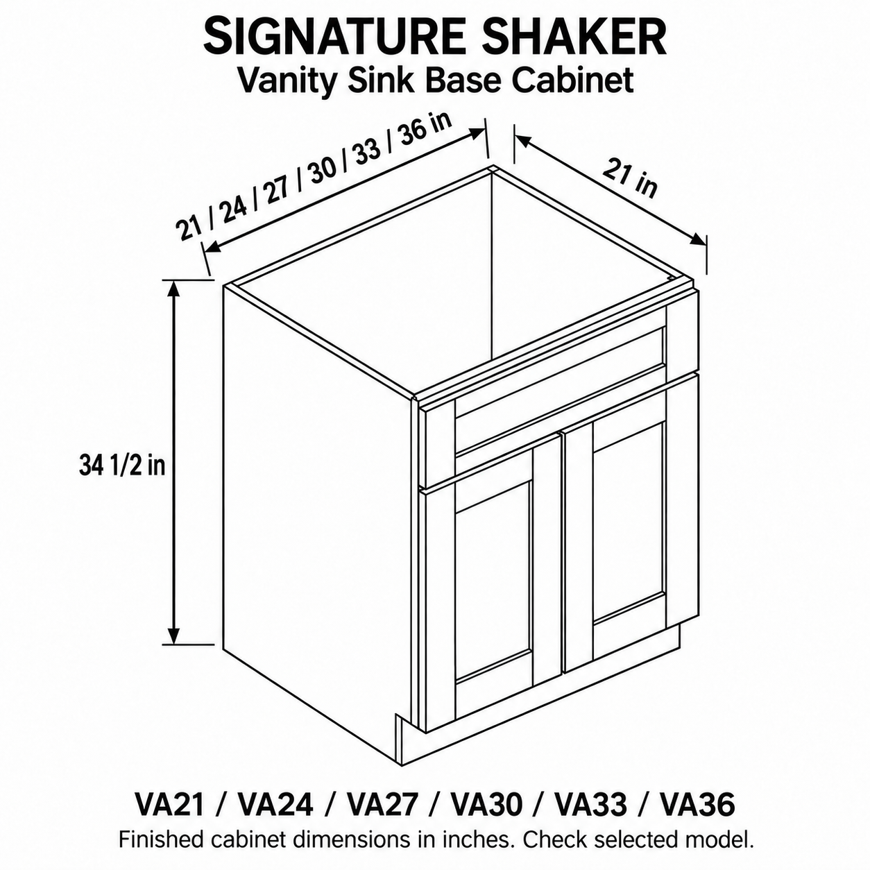 Signature Shaker Vanity Sink Base Cabinet dimensions and configuration