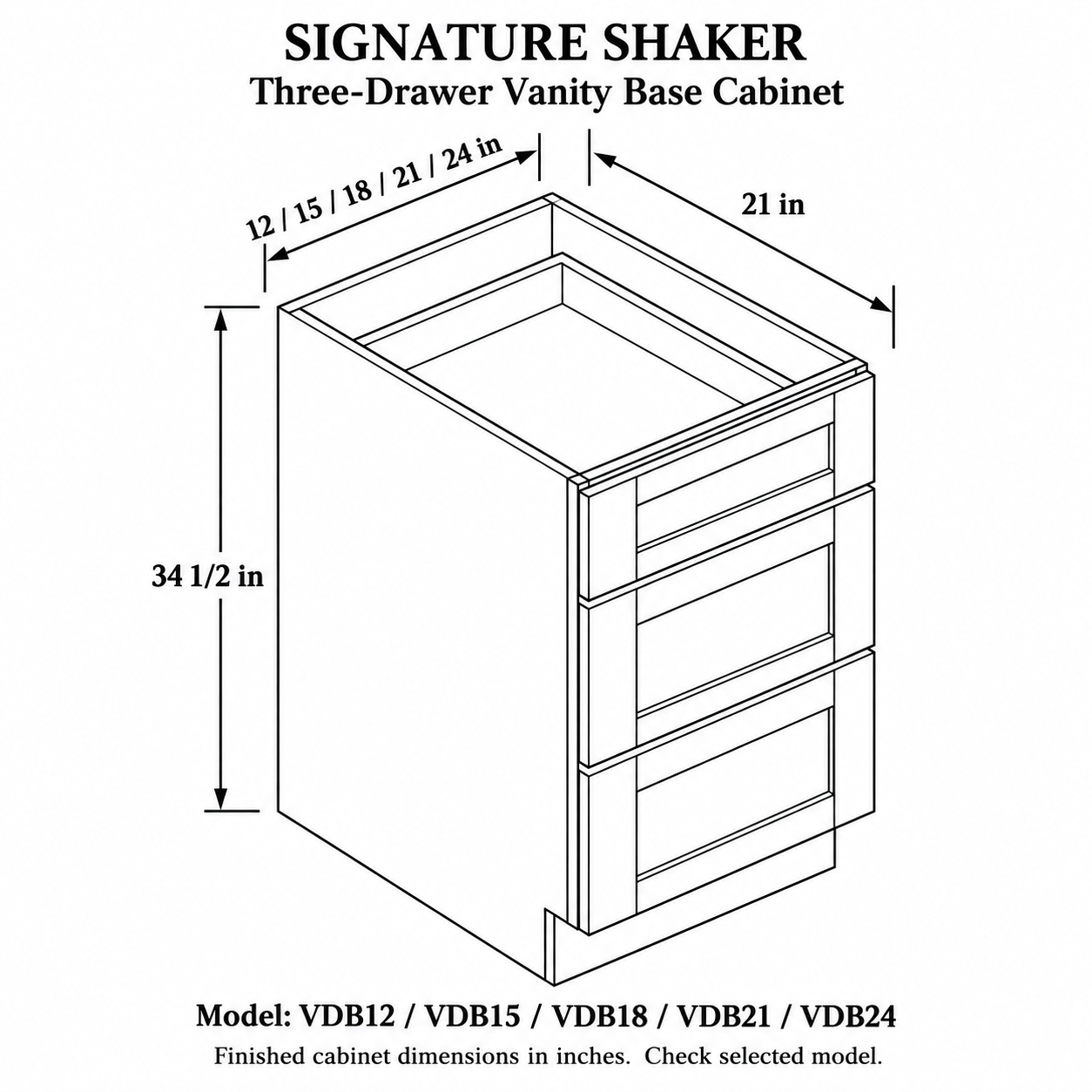Signature Shaker Three-Drawer Vanity Base Cabinet dimensions and configuration