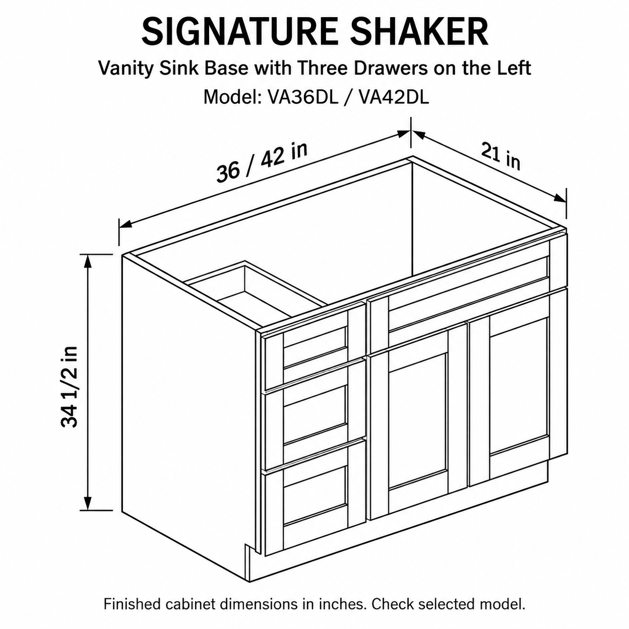 Signature Shaker Vanity Sink Base with Three Drawers on the Left dimensions and configuration