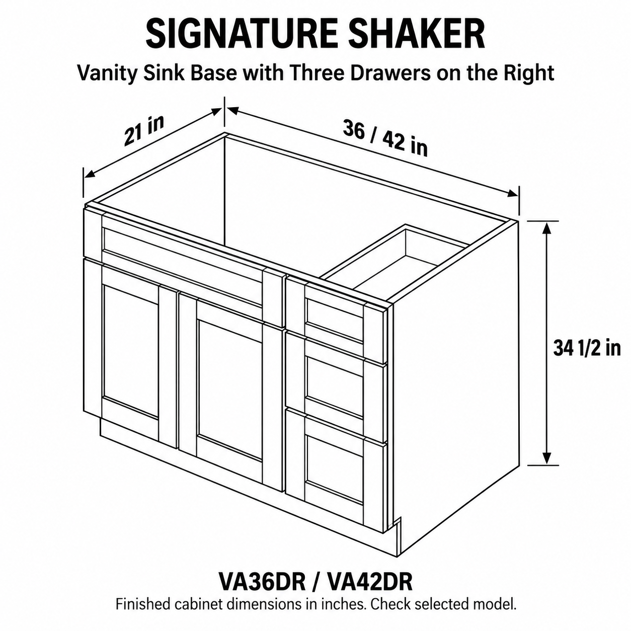 Signature Shaker Vanity Sink Base with Three Drawers on the Right dimensions and configuration