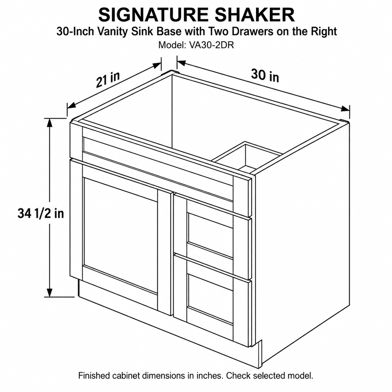 Signature Shaker 30-Inch Vanity Sink Base with Two Drawers on the Right dimensions and configuration