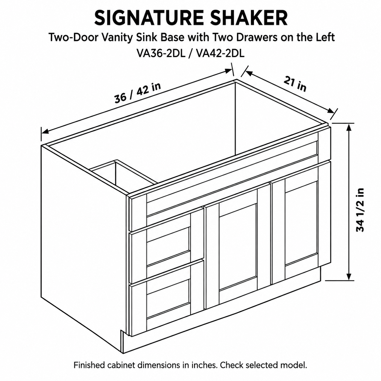 Signature Shaker Two-Door Vanity Sink Base with Two Drawers on the Left dimensions and configuration