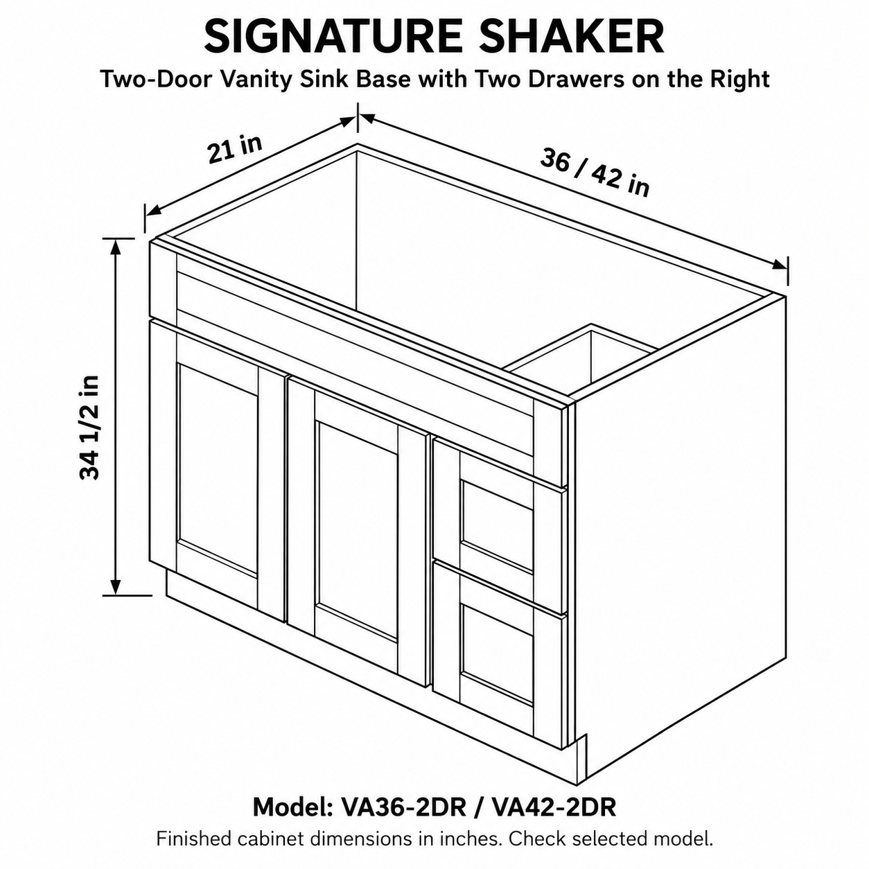 Signature Shaker Two-Door Vanity Sink Base with Two Drawers on the Right dimensions and configuration