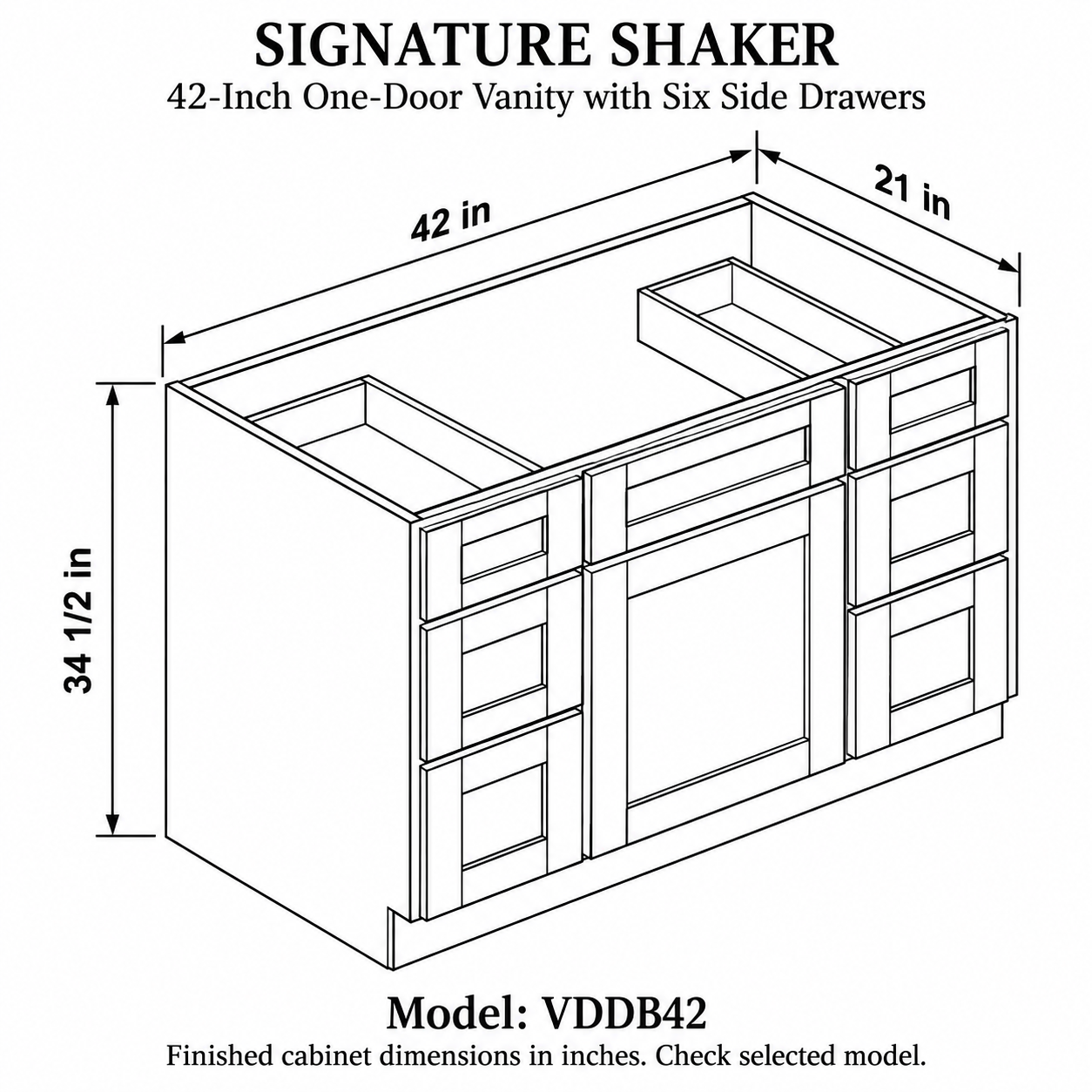 Signature Shaker 42-Inch One-Door Vanity with Six Side Drawers dimensions and configuration