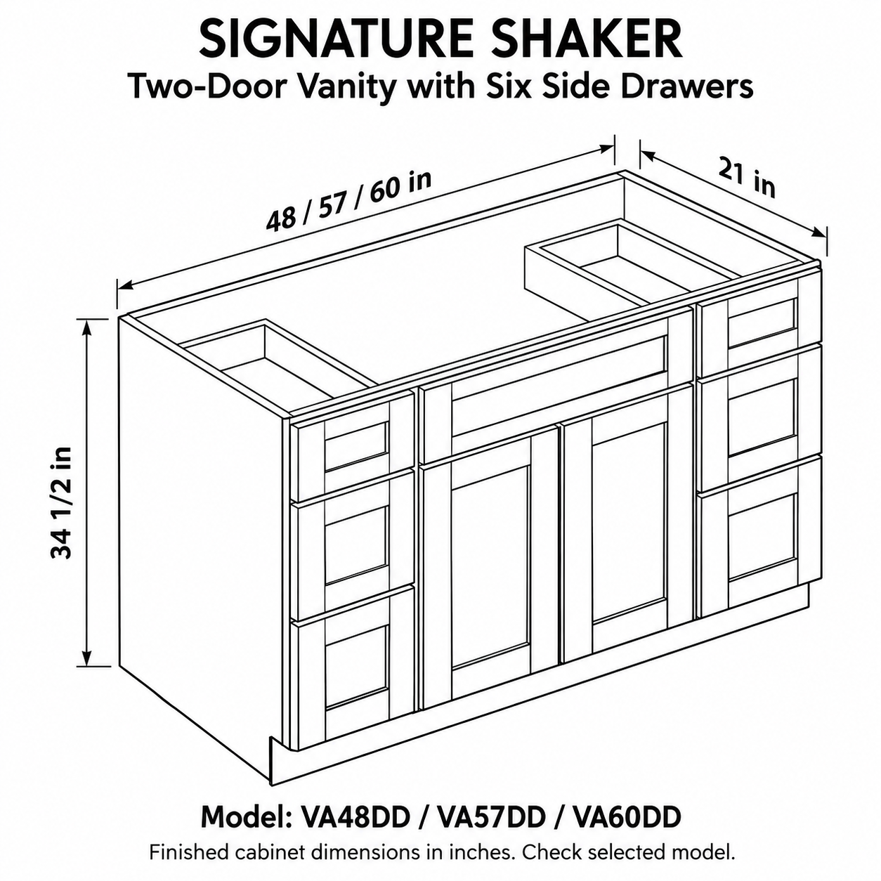 Signature Shaker Two-Door Vanity with Six Side Drawers dimensions and configuration
