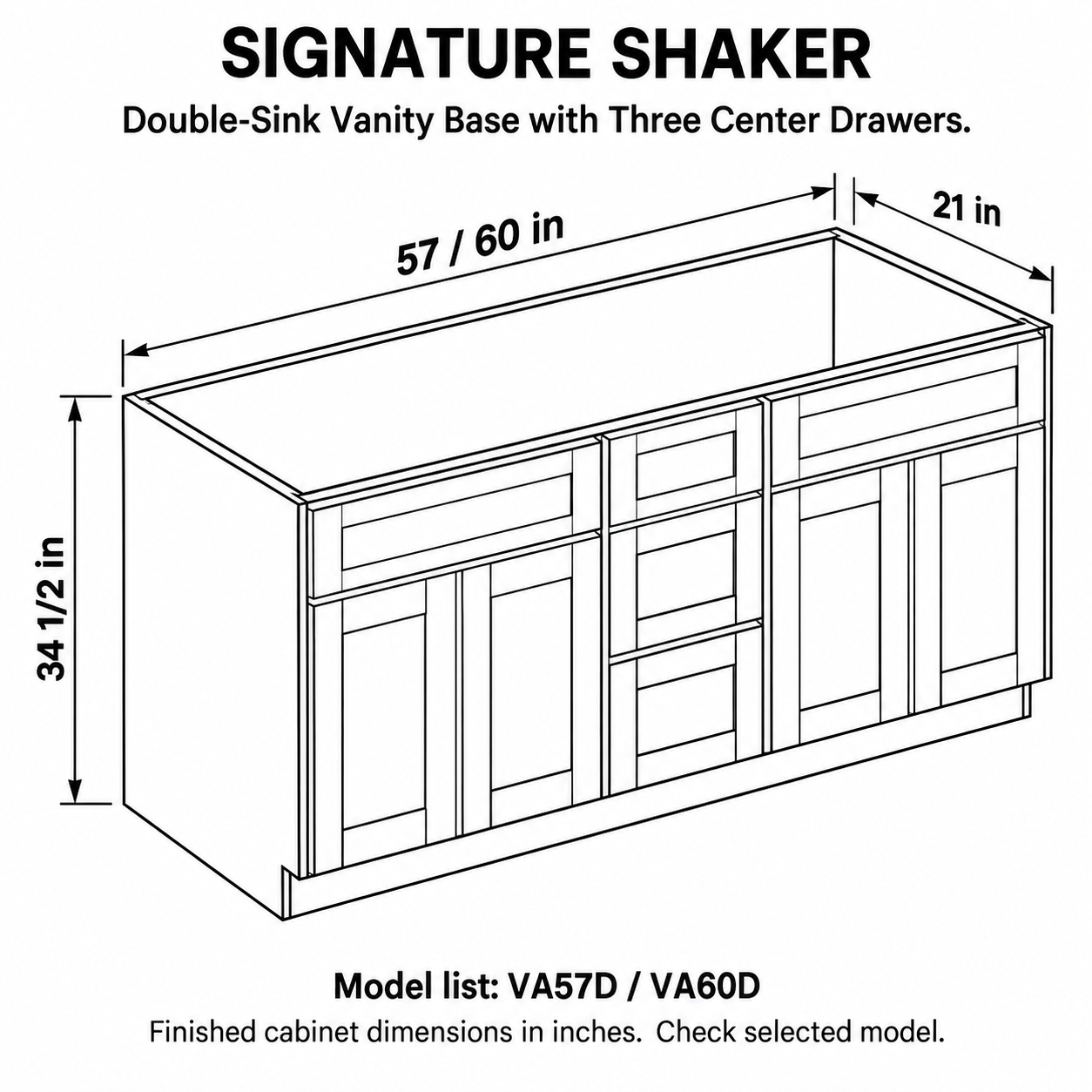 Signature Shaker Double-Sink Vanity Base with Three Center Drawers dimensions and configuration