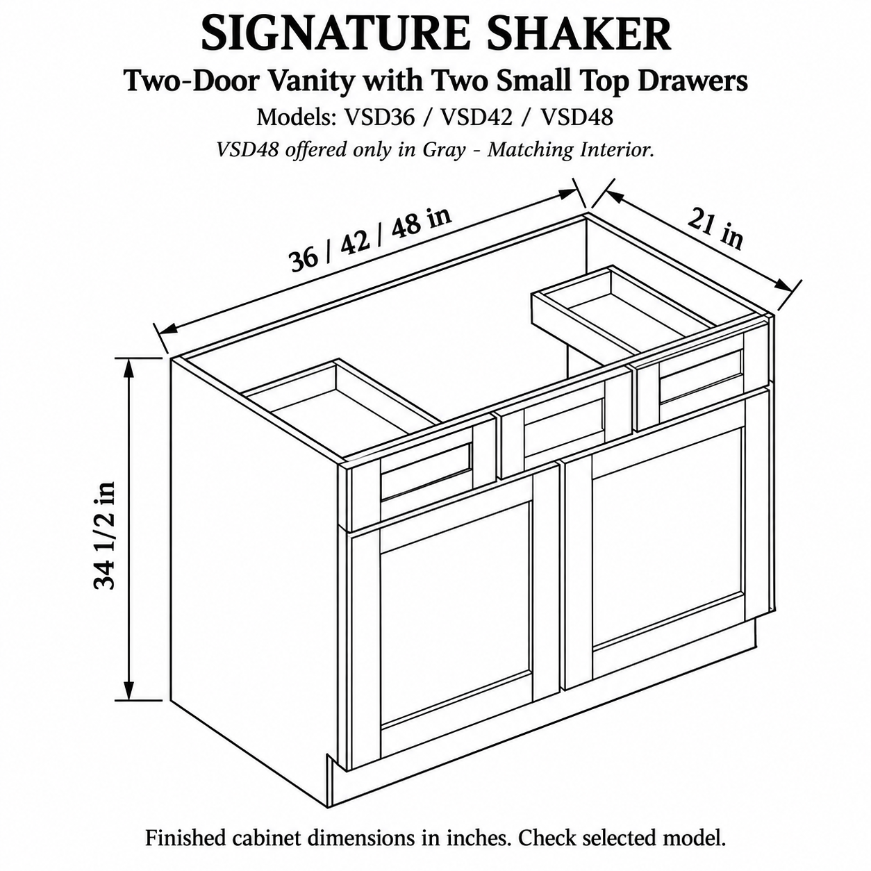 Signature Shaker Two-Door Vanity with Two Small Top Drawers dimensions and configuration
