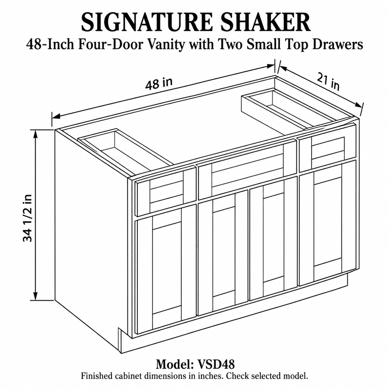 Signature Shaker 48-Inch Four-Door Vanity with Two Small Top Drawers dimensions and configuration